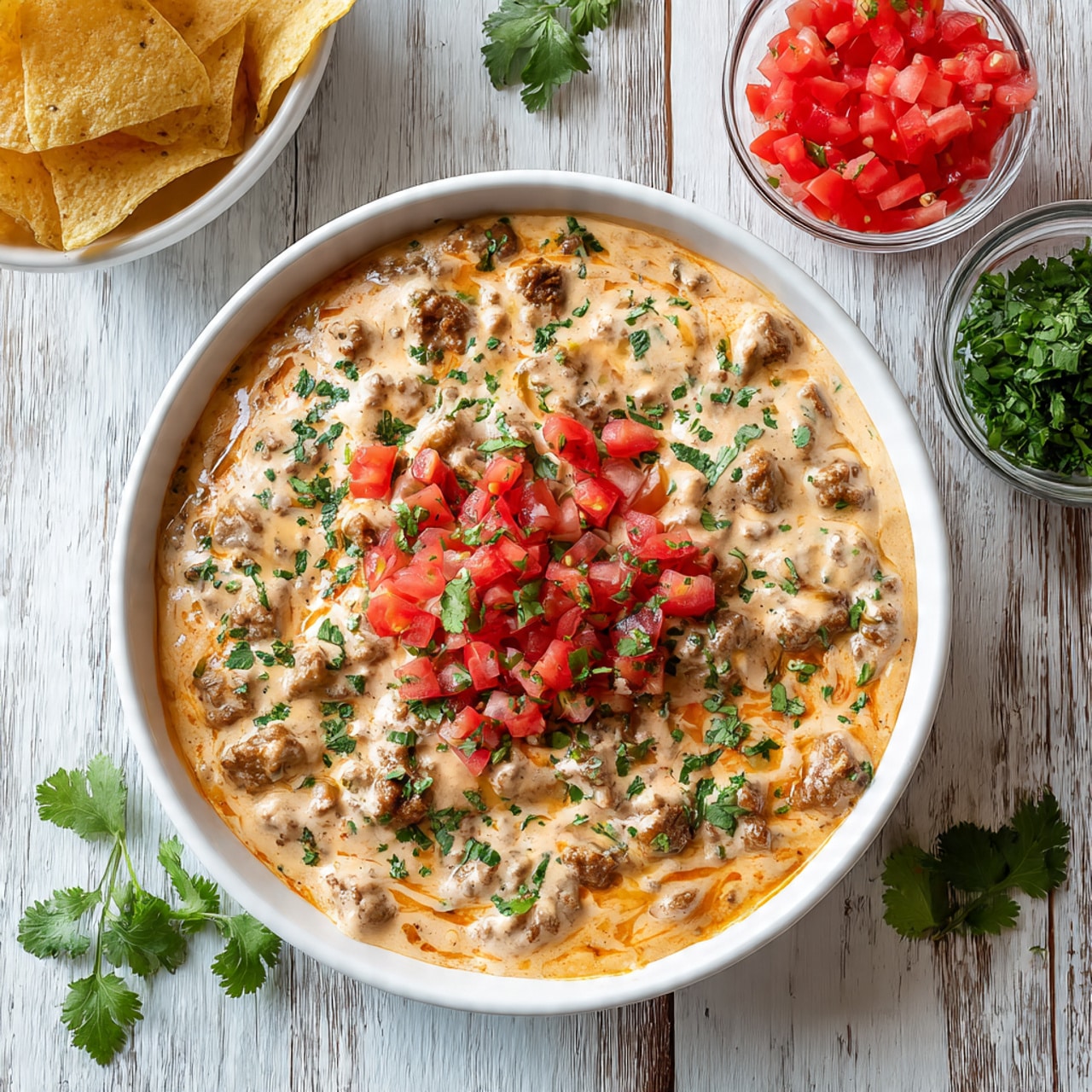 The image shows a white bowl filled with a creamy, light orange dip mixed with small visible bits of cooked meat and some cheese, topped with chopped red tomatoes and green cilantro leaves scattered across the surface. The bowl is placed on a wooden surface with white marbled texture, accompanied by a white bowl of tortilla chips to the upper left and a small clear bowl of chopped red tomatoes and cilantro to the upper right. The scene is bright and colorful, with the creamy dip being the main focus. photo taken with an iphone --ar 4:5 --v 7