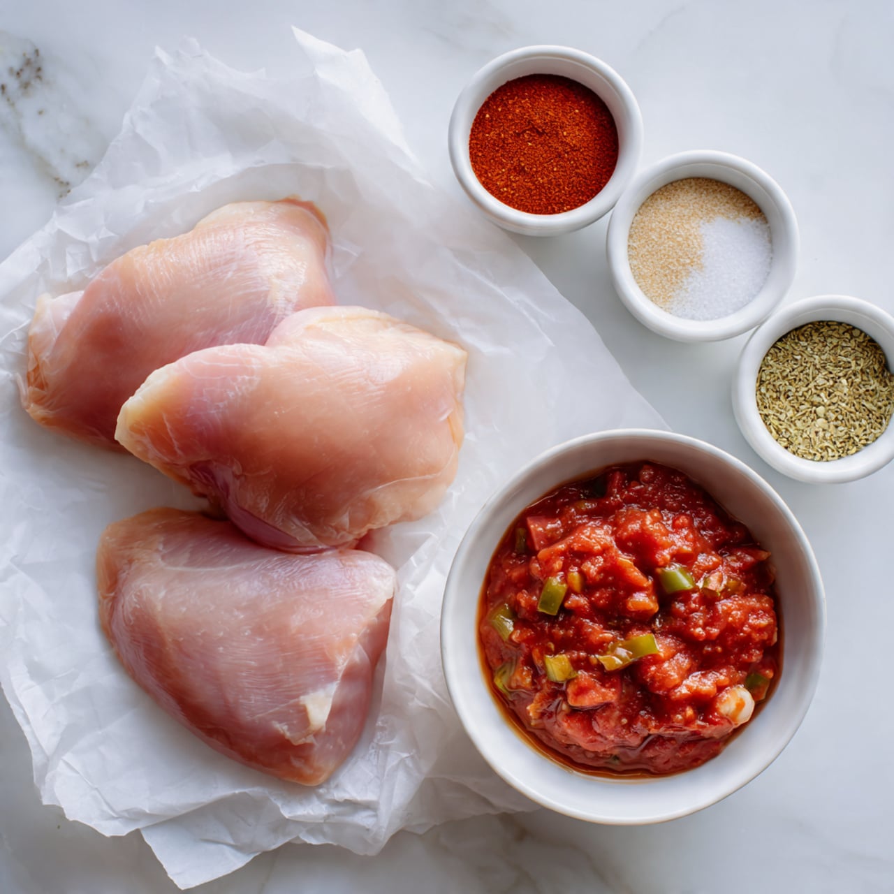 Two raw pale pink chicken pieces on white parchment paper are placed on a white marbled surface. To the right, there is a white bowl filled with chunky red tomato sauce with small bits of green pepper. Above the chicken, four small white bowls hold different spices: bright red powder, light brown powder, white granules, and a finer beige powder. The whole scene is lit softly from above, showing clear textures of the chicken, sauce, and spices. Photo taken with an iphone --ar 4:5 --v 7