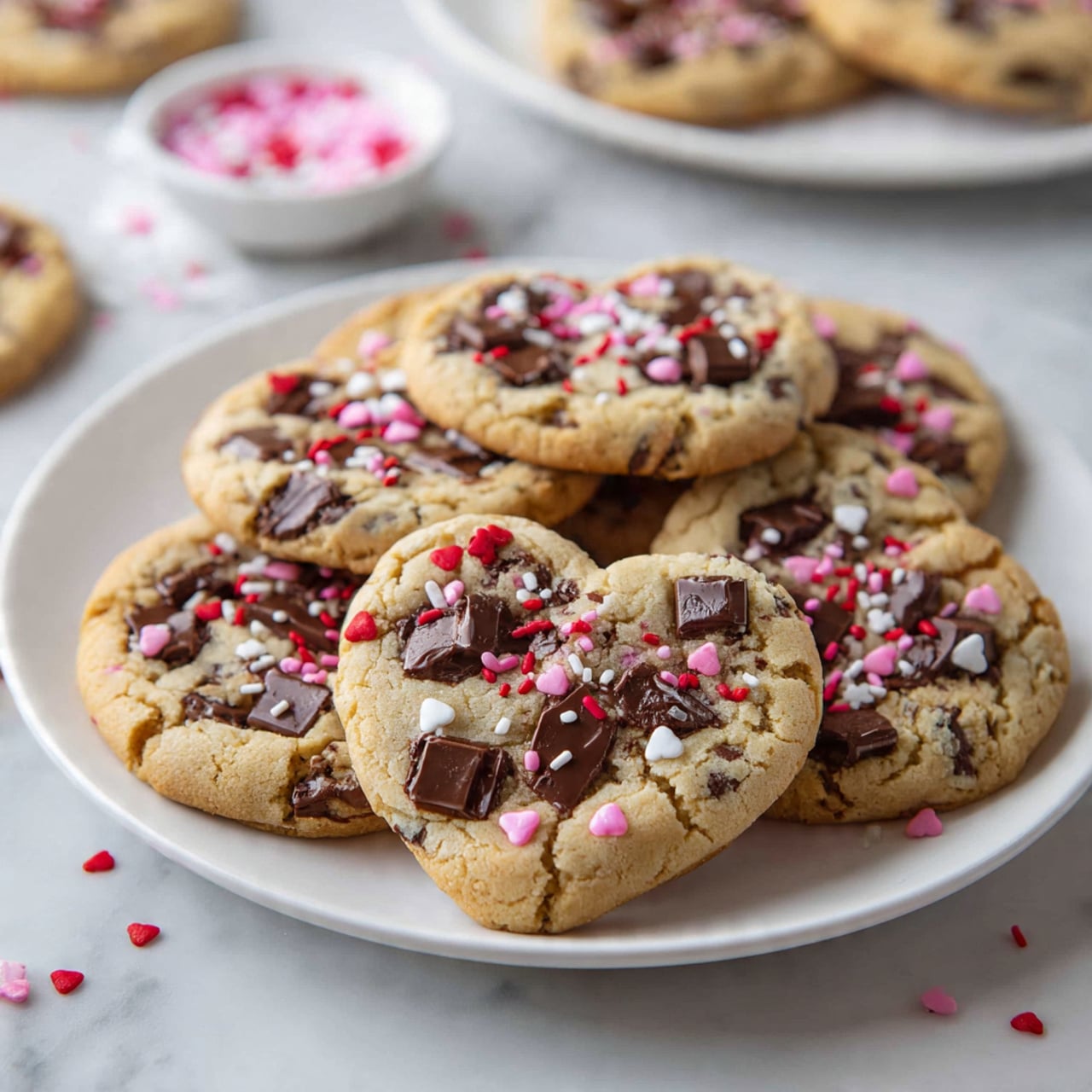 The image shows a heart-shaped cookie with a light golden brown base, dotted with large, melted dark chocolate chunks embedded in the dough. Small heart-shaped and round pink, red, and white sprinkles are scattered across the cookie surface, adding color and texture. In the background, there are round cookies with similar chocolate chunks, resting on white parchment paper over a white marbled surface. To the top right, there is a glass bowl filled with pink, red, and white sprinkles, matching those on the cookie. The overall scene is bright and clean with soft natural light. Photo taken with an iphone --ar 4:5 --v 7