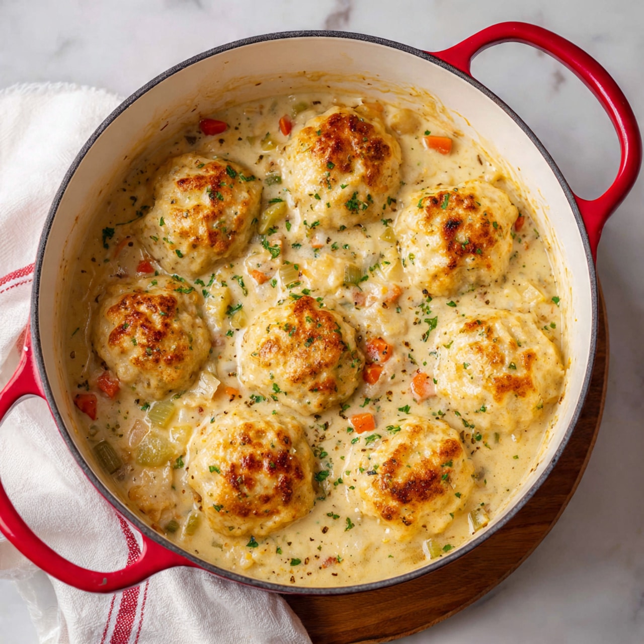 A white pot with red handles holds a creamy stew with nine golden-brown dumplings floating on top. The creamy broth has visible specks of herbs and small pieces of orange carrot and green celery. The dumplings are fluffy with a slightly browned top. The pot sits on a wooden board over a white marbled surface, with a white towel that has a red stripe partially under the pot. Photo taken with an iphone --ar 4:5 --v 7