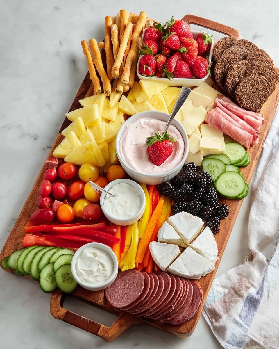 A wooden board holds an arranged variety of foods on a white marbled surface. On the left side, there are triangular yellow pineapple slices next to light brown twisted breadsticks. Nearby, a cluster of bright red strawberries sits beside folded pink slices of deli meat. Dark brown rye bread pieces fan out on the upper right. In the center of the board, a white bowl filled with pink creamy dip is topped with a single strawberry and has a spoon inside. Below this, there are blackberries and red watermelon slices with green rinds stacked on top. Cherry tomatoes of red, yellow, and brownish colors are scattered around. A white round plate with soft white cheese wedges and a cheese knife is on the right edge. Near the bottom, round slices of dark cured meat lie next to mixed red and white round cheese balls. Two white bowls with white creamy dips sit nearby, one with a spoon. Near them are rectangular pale crackers and long green cucumber sticks. Strips of red, yellow, and orange bell peppers with dark blueberries complete the bright mix of colors on the board. photo taken with an iphone --ar 4:5 --v 7