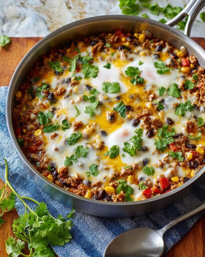 Rice Skillet with Ground Beef, Black Beans, Corn, and Melted Mexican Cheese Recipe