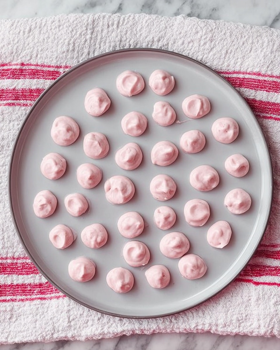 A round white plate filled with small, uneven dollops of pale pink batter spread in neat rows, each dollop smooth and slightly shiny with varied sizes, placed on a white marbled surface with a textured white cloth featuring red stripes partially visible underneath the plate photo taken with an iphone --ar 4:5 --v 7