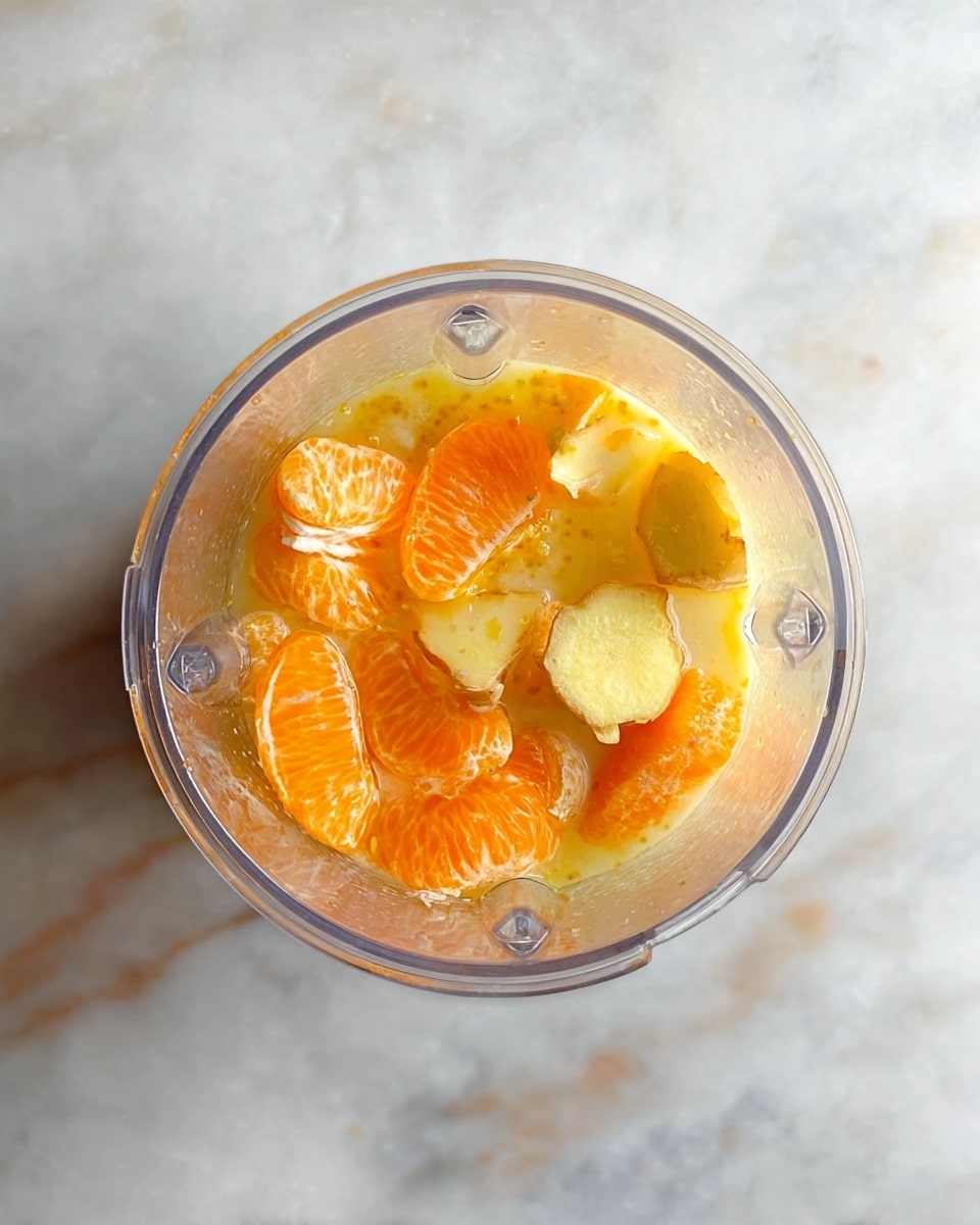A top view of a clear blender cup with pieces inside including peeled orange segments that are bright orange, orange slices with skin that are darker orange, and small light yellow chunks of ginger, all submerged in a light yellow liquid. The blender cup is placed on a white marbled surface. Photo taken with an iphone --ar 4:5 --v 7
