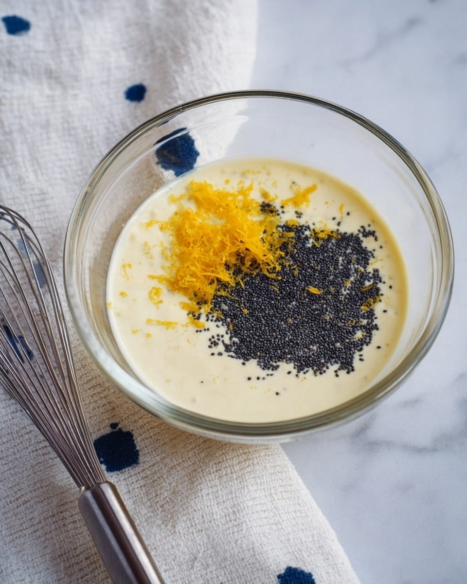 A clear glass bowl contains a creamy pale yellow liquid as the base layer, topped with a small pile of bright yellow zest and a larger cluster of tiny black poppy seeds concentrated on one side. The bowl sits on a white marbled surface, and next to it is a silver whisk resting on a white cloth with blue irregular spots. Photo taken with an iphone --ar 4:5 --v 7
