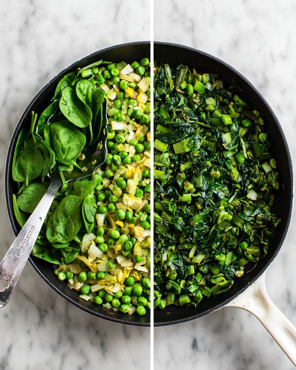 The image shows two side-by-side pictures of a white-handled black skillet on a white marbled surface. The left skillet contains three layers: a base of green peas, chopped light green and yellow vegetables mixed with some diced onions, and a top layer of fresh dark green spinach leaves. A large silver slotted spoon is resting in the skillet with its handle pointing to the right. The right skillet displays the same ingredients, but they are cooked and mixed together into a uniform texture of bright and dark green pieces, showing chopped vegetables and spinach fully combined. Photo taken with an iphone --ar 4:5 --v 7