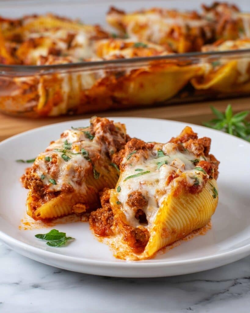 Stuffed Shells with Ricotta, Meat Sauce, and Melted Mozzarella Recipe