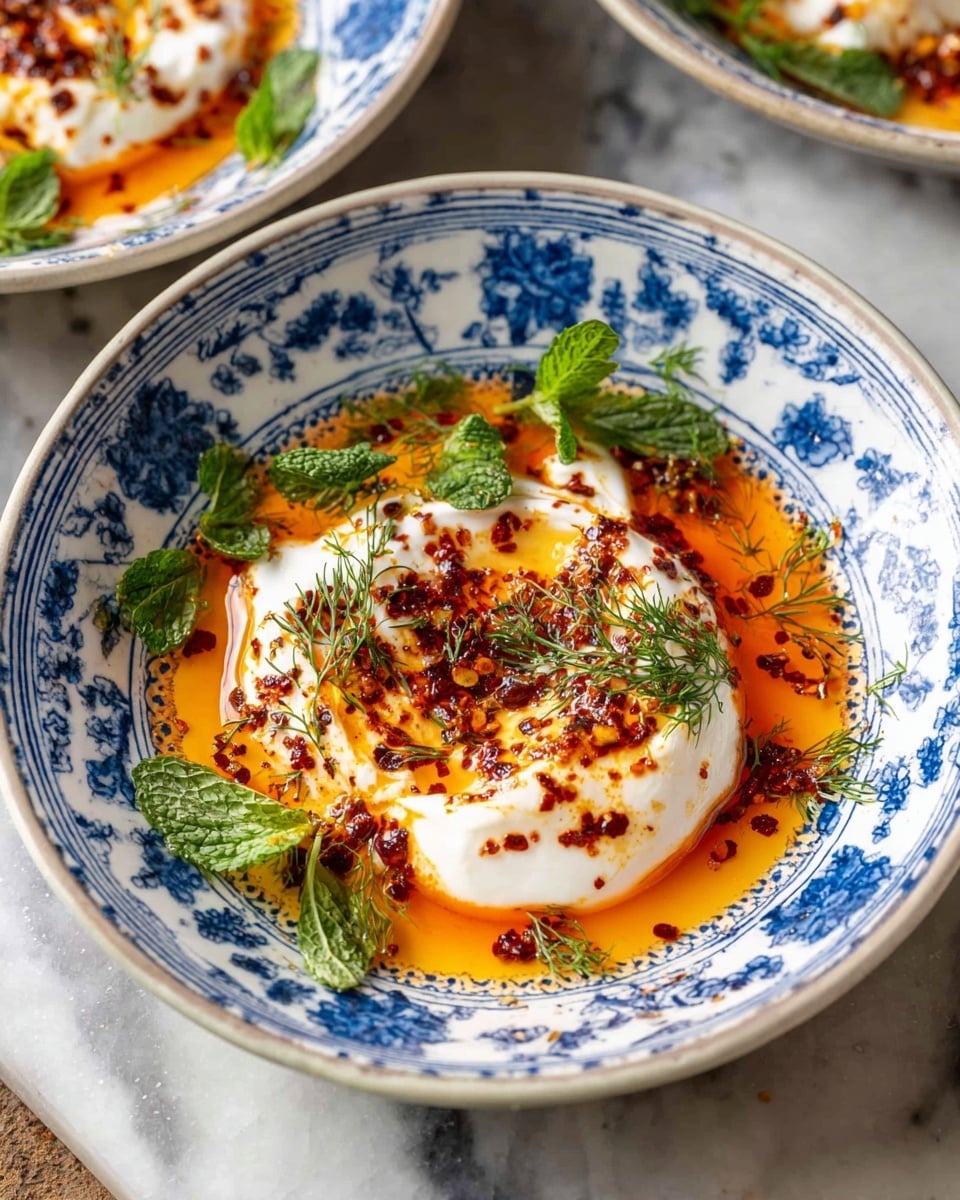 A white bowl with a blue floral design around the edge holds a dish with three main visible layers: at the bottom, a smooth white creamy base; next, a bright orange oil or sauce swirled around the cream's edge; and on top, a thick swirl of white cream sprinkled generously with dark red chili flakes. Fresh green herbs, including dill sprigs and torn mint leaves, are placed on the swirl, adding a fresh contrast to the warm colors. The bowl sits on a white marbled surface, and there is a glimpse of another bowl with a blue interior and red spice nearby. photo taken with an iphone --ar 4:5 --v 7