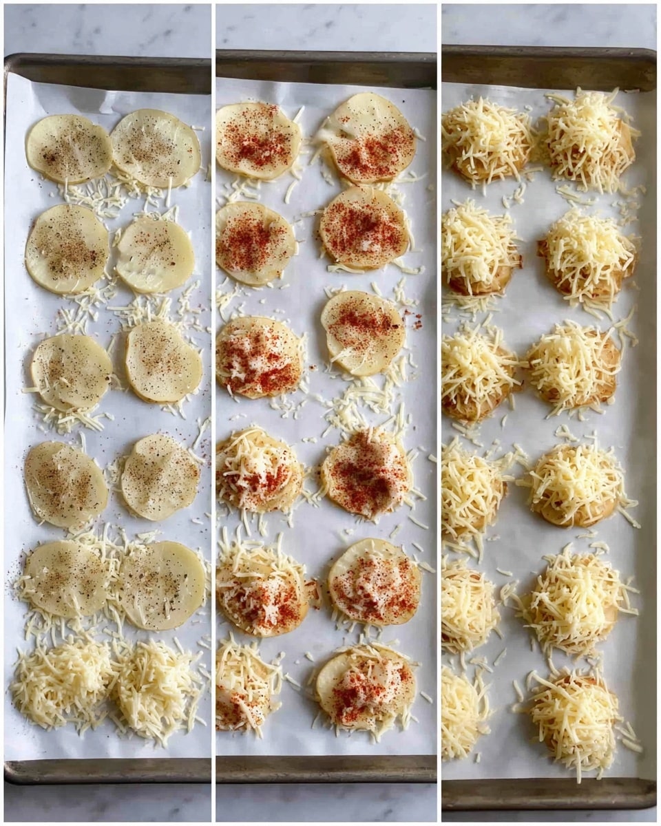 The image shows three stages of preparing small round snacks on a baking tray lined with white parchment paper, placed on a white marbled surface. In the first stage (left panel), there are twelve thin, unevenly shaped white potato slices with light brown seasoning scattered on top, each resting on small piles of shredded pale yellow cheese. In the second stage (middle panel), the potato slices are coated with a reddish and speckled seasoning on top, keeping the cheese visible underneath. In the third stage (right panel), each potato slice is fully covered with a thick, uneven mound of pale yellow shredded cheese, fully hiding the potatoes and seasonings underneath. The snacks are arranged in neat rows spanning the entire tray. photo taken with an iphone --ar 4:5 --v 7