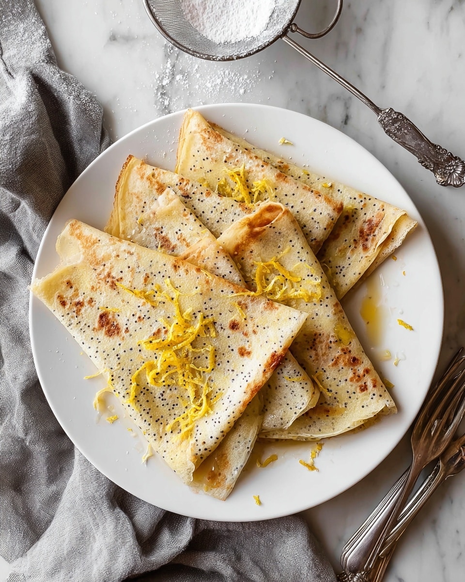 The image shows a white plate with five thin crepes folded into triangles and stacked closely. Each crepe has a light golden-brown color with small dark poppy seeds spread throughout and some browned spots from cooking. Thin strips of yellow lemon zest are scattered on top, along with a drizzle of shiny honey that glistens in the light. Nearby is a fine metal sieve partly filled with powdered sugar, on a white marbled surface with a grey cloth slightly crumpled underneath the plate. Two small vintage silver forks rest beside the plate to the right. photo taken with an iphone --ar 4:5 --v 7