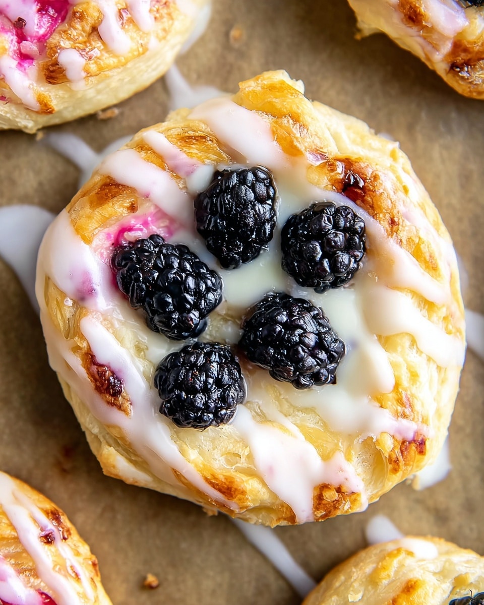 The image shows a close-up of several round pastries on a white marbled surface, each with three layers: a fluffy, light golden-brown base, a creamy white layer on top, and small clusters of dark purple-black berries arranged in the center. Drizzled over each pastry are two types of glaze—one bright pink and the other translucent white—creating a colorful pattern that drips slightly onto the white marbled surface around them. The pastries are arranged closely but not touching, filling the frame fully, with soft natural lighting highlighting the textures and colors. photo taken with an iphone --ar 4:5 --v 7