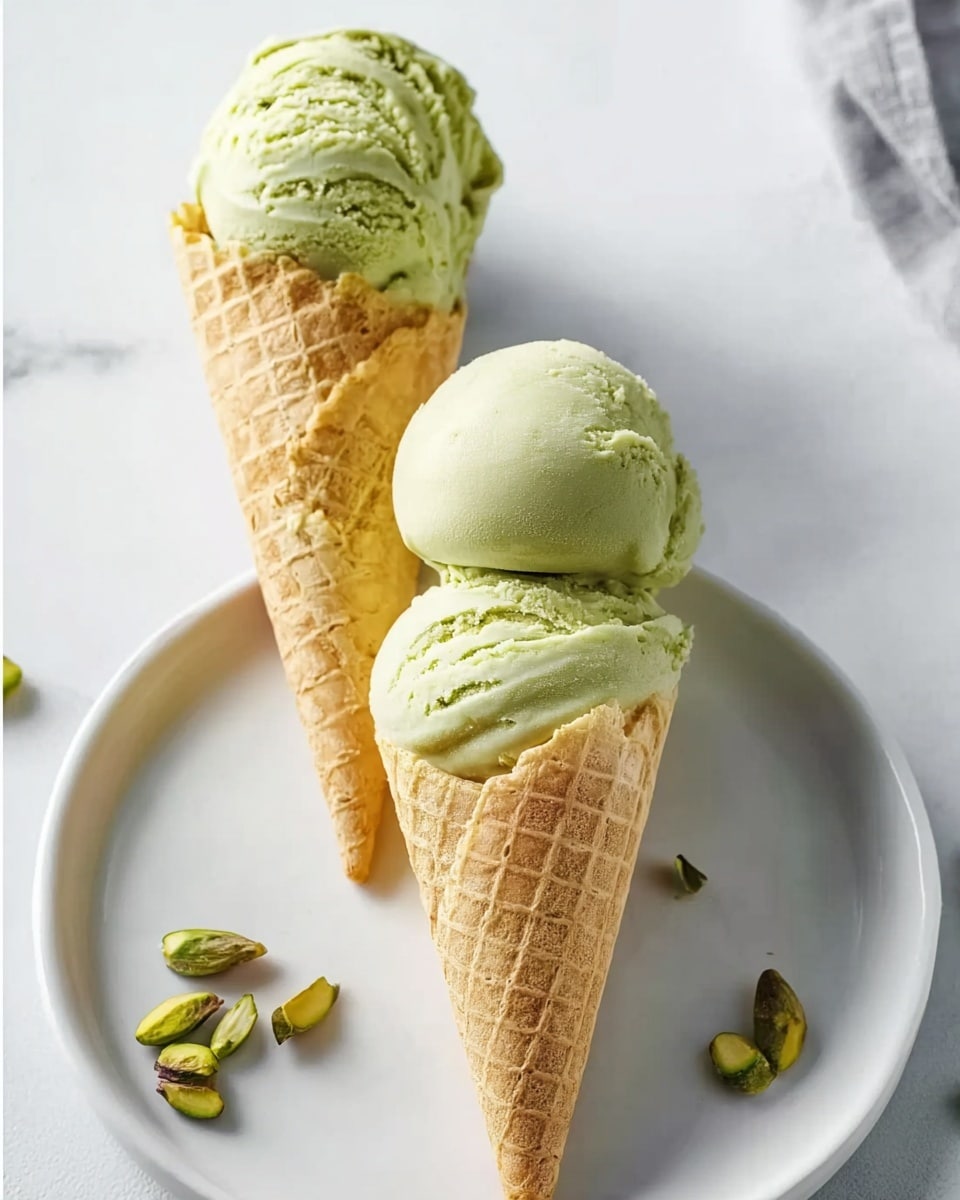 The image shows two waffle cones holding green pistachio ice cream with a creamy texture. The first cone, placed higher on a large white plate, holds a single, round scoop of ice cream with a smooth, slightly melting surface. The second cone, placed lower and tilted slightly to the right, contains two rounded scoops stacked neatly with visible ridges from the scooping. A few pistachio nuts are scattered around the white marbled surface next to the plate, adding a touch of color. The overall look is fresh and inviting, with soft natural lighting highlighting the ice cream’s texture and subtle melting. Photo taken with an iphone --ar 4:5 --v 7