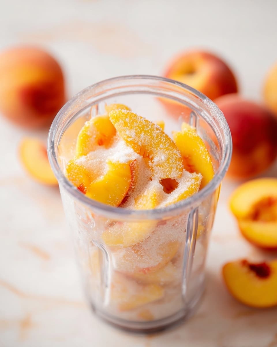 A clear blender cup filled with bright orange peach slices covered with a layer of white sugar granules, with whole peaches blurred in the background on a white marbled surface, photo taken with an iphone --ar 4:5 --v 7