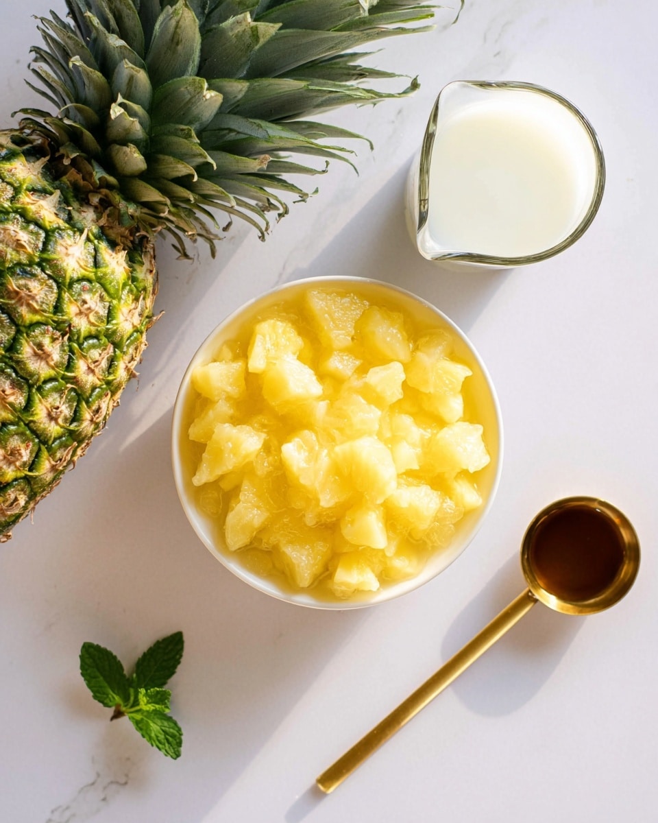 The image shows a bowl filled with chunky yellow pineapple pieces mixed with juice, placed near the center on a white marbled surface. To the left, a whole pineapple with green and yellow skin and spiky green leaves is positioned. On the right side, there is a clear glass jug filled with white liquid. Below it, a gold measuring spoon holds a dark brown liquid. A small green mint leaf is placed near the bottom left of the bowl. Everything is arranged neatly with bright, natural light. Photo taken with an iphone --ar 4:5 --v 7