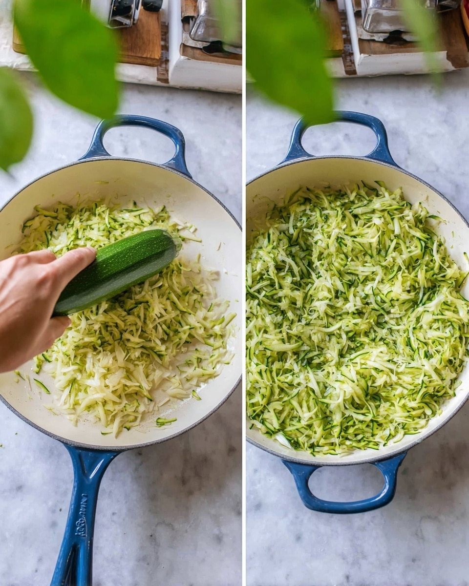The image shows two side-by-side photos of a white pan with blue handles on a white marbled surface. In the left photo, a woman's hand is holding a whole green zucchini over the pan, grating thin green and white zucchini strips onto a small pile of shredded pale yellow onions already in the pan. In the right photo, the zucchini and onion mixture is spread evenly across the pan with fine green and white shredded pieces, looking soft and cooked. The background includes a green plant and kitchen items blurred. Photo taken with an iphone --ar 4:5 --v 7
