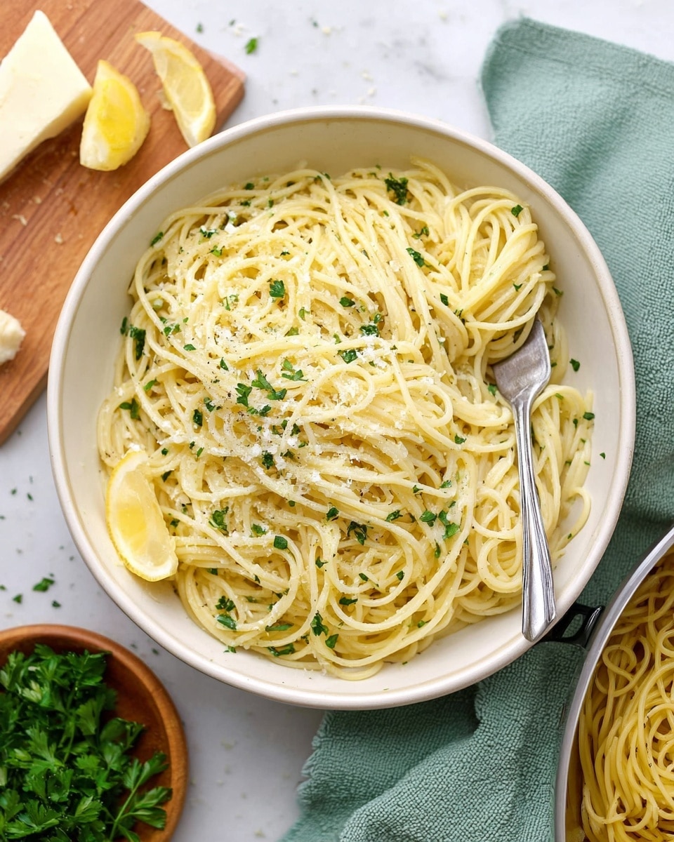 A white bowl filled with a nest of thin spaghetti pasta coated in a light, creamy sauce, sprinkled with small green herb pieces scattered evenly throughout. There are two pale yellow lemon wedges placed on one side of the pasta. A metal fork is resting inside the bowl, partially buried in the pasta. The bowl is set on a white marbled surface with a soft green cloth nearby. A wooden board with fresh parsley and a chunk of hard cheese is visible in the corner, along with a pan of more spaghetti in the bottom right. Photo taken with an iphone --ar 4:5 --v 7