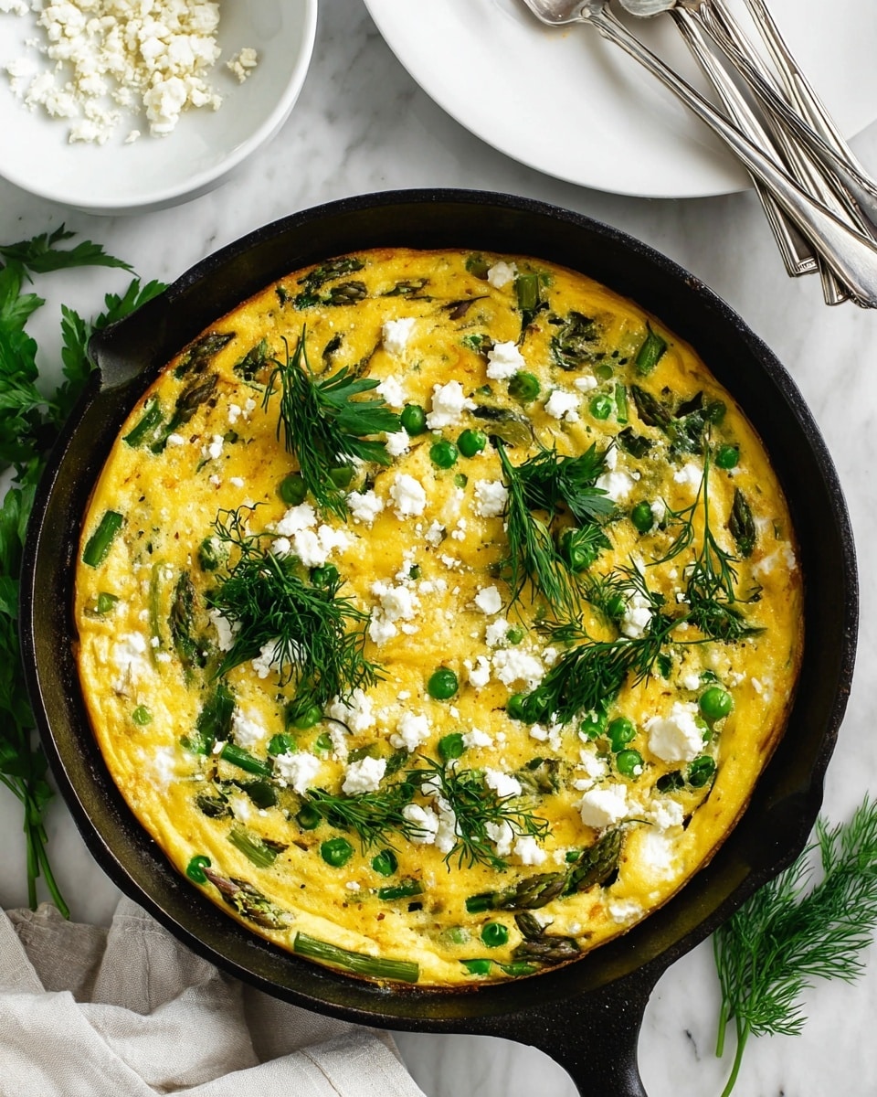 A golden yellow frittata with visible green vegetables like peas and asparagus pieces spread evenly throughout the egg base sits inside a black cast iron pan. The frittata has white crumbled cheese scattered on top along with fresh green herbs such as parsley and dill arranged in small clusters. The pan is on a white marbled surface, with a white plate next to it holding more crumbled cheese. Part of a white plate with three silver forks rests nearby, and fresh green herb sprigs are placed on the side. photo taken with an iphone --ar 4:5 --v 7