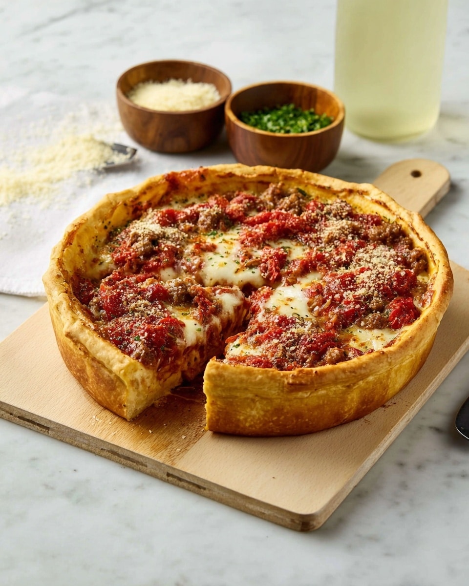 A deep dish pizza with a thick, golden-brown crust stands on a light wooden board with a handle, placed on a white marbled surface. The pizza is cut into four thick slices, with one slice slightly pulled out showing the crust’s height. The top layer has melted cheese bubbling and browned in spots, scattered with chunks of red tomato sauce and bits of browned sausage. Around the pizza, two small wooden bowls hold grated cheese and green herbs, and a glass bottle filled with a pale yellow liquid sits in the back. photo taken with an iphone --ar 4:5 --v 7