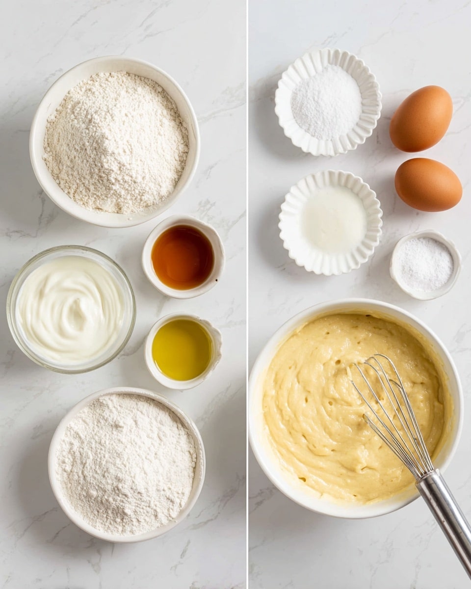 The left side shows nine ingredients arranged neatly on a white marbled surface: a white bowl with white flour, a white bowl with thick white yogurt, a clear glass with light cream, a small white fluted dish with white baking powder, a small white dish with white salt, an amber liquid in a small white bowl, two brown eggs, a white bowl with golden yellow oil, and a small white dish with another white powder. On the right side, there is a white bowl filled with a thick, light yellow batter with small lumps, and a silver whisk resting inside, all on the same white marbled background. Photo taken with an iphone --ar 4:5 --v 7