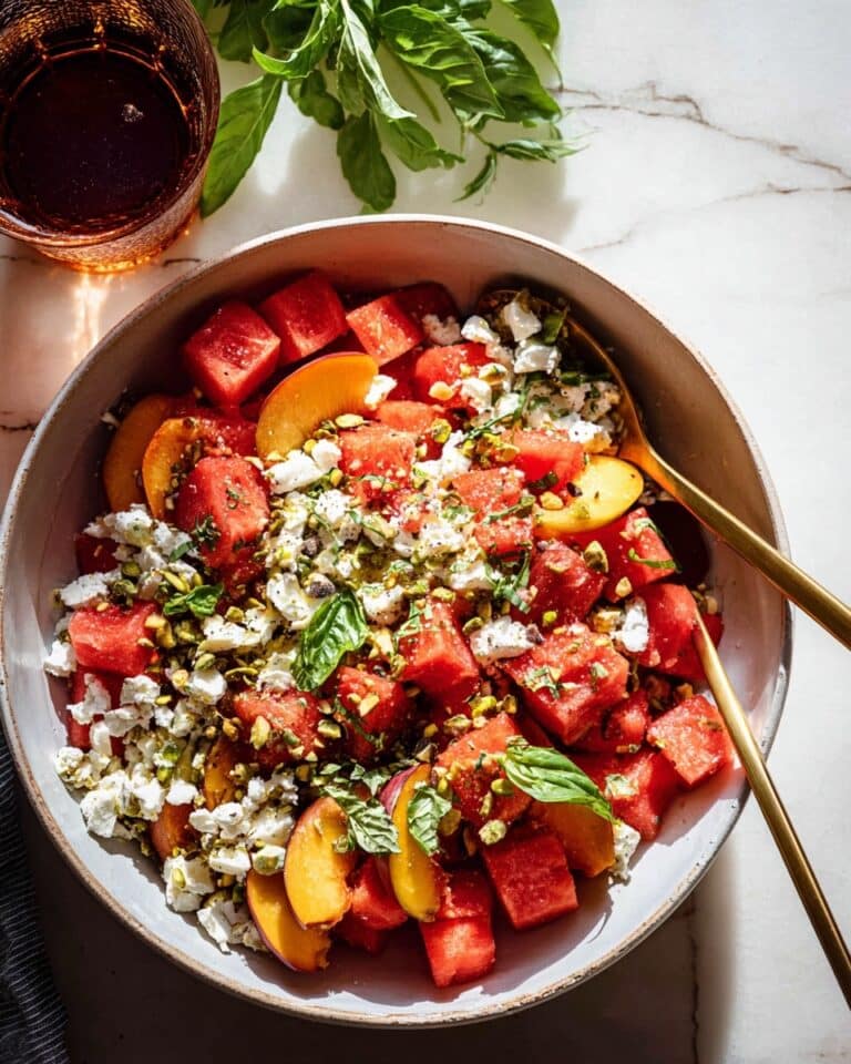 Watermelon Peach Salad with Feta, Basil, and Pistachios Recipe