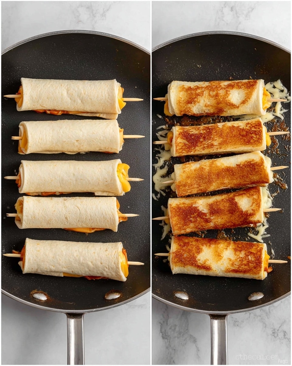 The image shows two side-by-side views of a dark frying pan on a white marbled surface, each containing seven rolled sandwiches secured with toothpicks. On the left, the rolls are uncooked, made of white bread wrapped around a layer of yellow cheese, the bread looks soft and dense with edges pressed and poked by the toothpicks. On the right, the same rolls are shown toasted with golden brown and slightly crisp surfaces, some parts darker, showing melting cheese peeking through the bread. The frying pan has a dull metal handle visible on the right side in both images. photo taken with an iphone --ar 4:5 --v 7