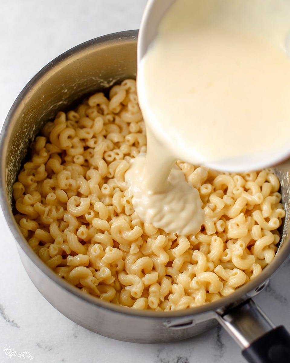 The image shows a close-up of a stainless steel pot filled halfway with cooked small elbow macaroni pasta, its pale yellow color and smooth texture visible. A creamy off-white sauce is being poured over the macaroni from a white bowl held at the top right of the frame. The sauce has a thick and smooth texture, cascading in a wide stream that partially covers the pasta. The pot has a black handle on the left side, and the whole setup is placed on a white marbled surface. photo taken with an iphone --ar 4:5 --v 7