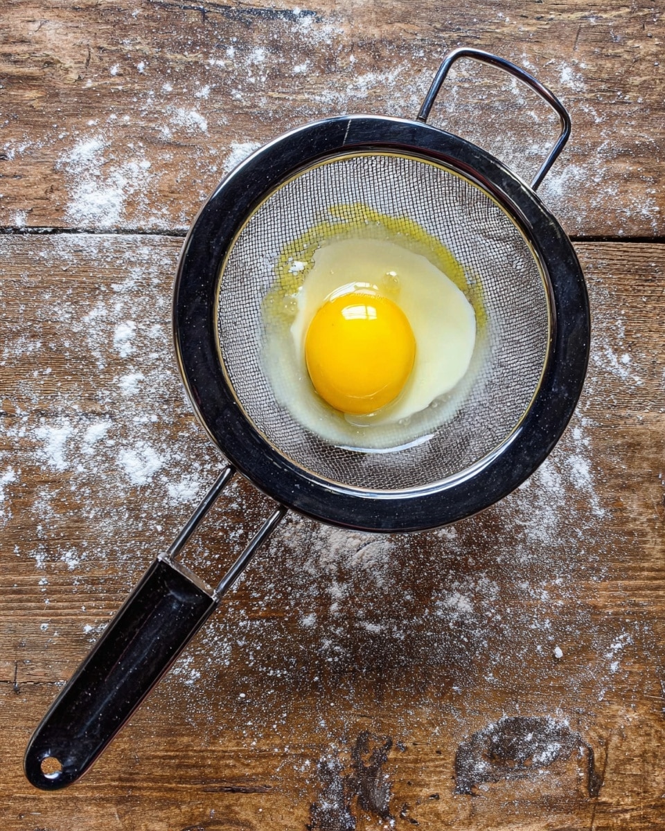A single raw egg with a bright yellow yolk sits in the center of a black fine mesh strainer with a long handle, placed over a white bowl. The clear egg white spreads thin around the yolk, resting gently on the mesh surface. The strainer and bowl are set on a worn wooden surface with patches of white flour dust, creating a rustic look. photo taken with an iphone --ar 4:5 --v 7