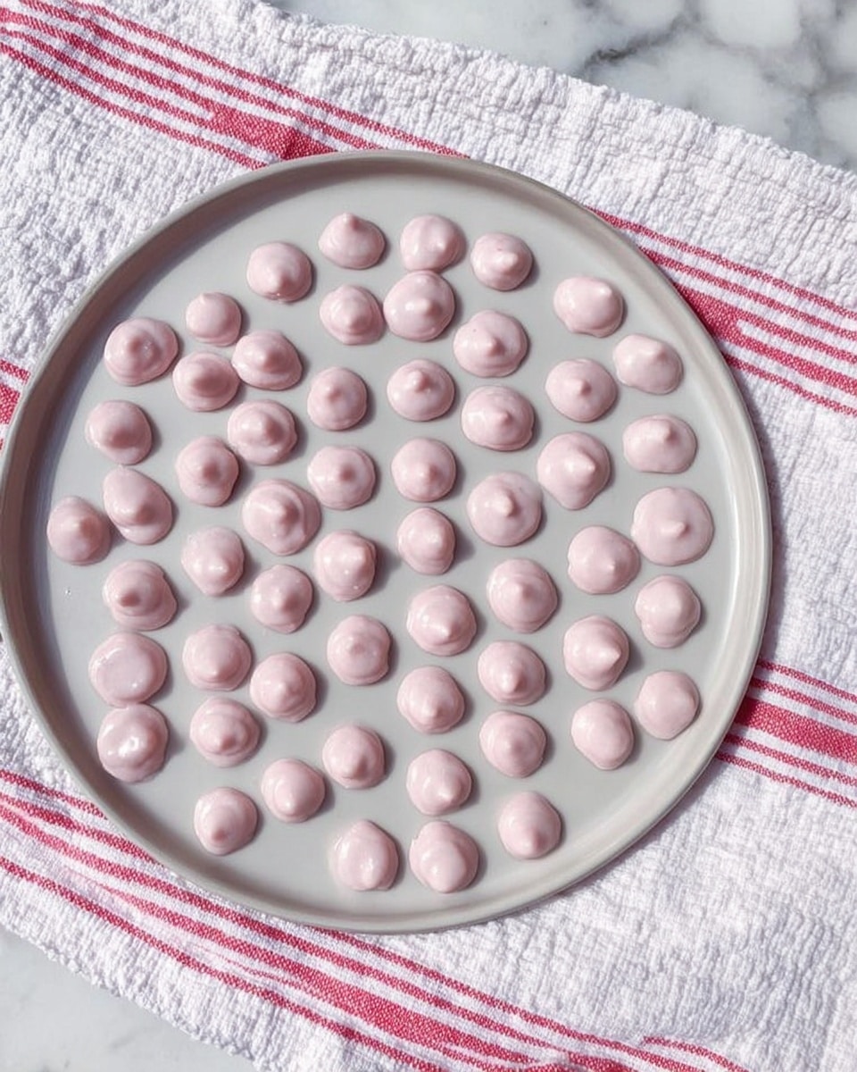 A close-up of a woman's hand holding a small dollop of light pink dough with a smooth and slightly glossy texture. In the background, a white marbled surface has a white round plate filled with many similar dollops of light pink dough spread evenly. A red and white striped cloth is placed underneath the plate on the white marbled surface. The scene is bright and softly lit, showing the detail of the dough and the hand. photo taken with an iphone --ar 4:5 --v 7