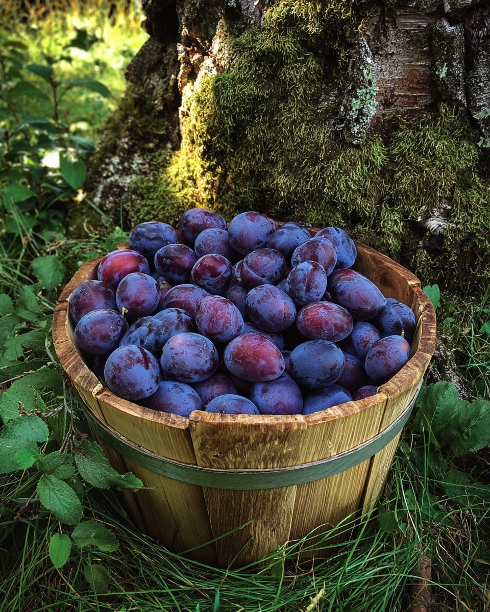 A round wooden basket filled with many ripe, deep purple plums showing some natural spots and textures. The basket has vertical wood panels with metal bands around it and sits on green grass. Behind the basket, there is a large tree trunk covered with moss and surrounded by green plants. The lighting is natural and bright, highlighting the fresh look of the plums. The scene is outdoors with soft shadows and a calm, natural feeling. photo taken with an iphone --ar 4:5 --v 7