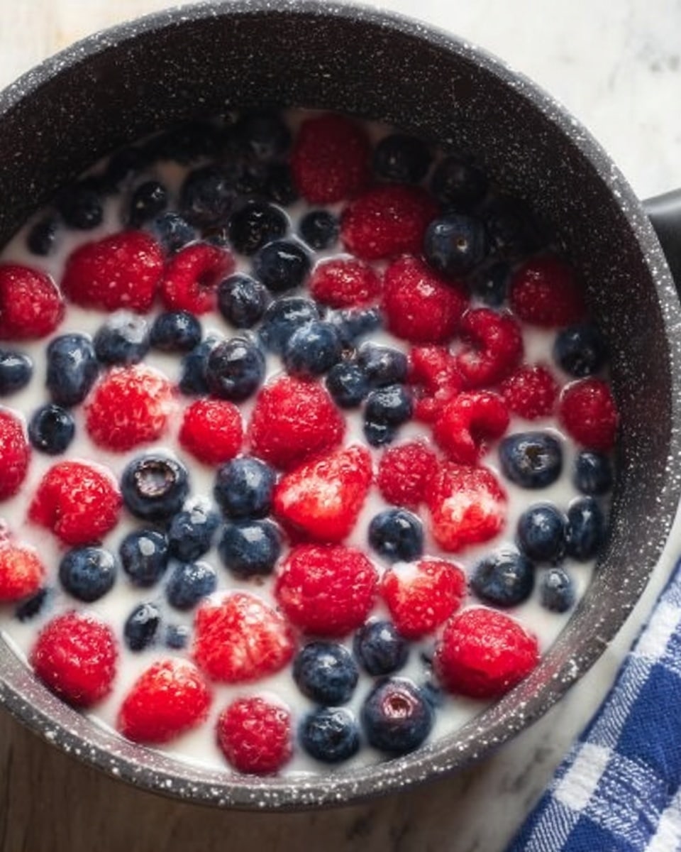 A close-up image shows a speckled black cooking pot filled with a mixture of vibrant red raspberries and dark blue blueberries floating in a milky white liquid. The berries create a bright, colorful contrast against the pale liquid, which fills the pot about halfway, with the fruit spread evenly across the surface. Part of a blue and white checkered cloth peeks from the upper right corner, and the pot rests on a white marbled surface. Photo taken with an iphone --ar 4:5 --v 7