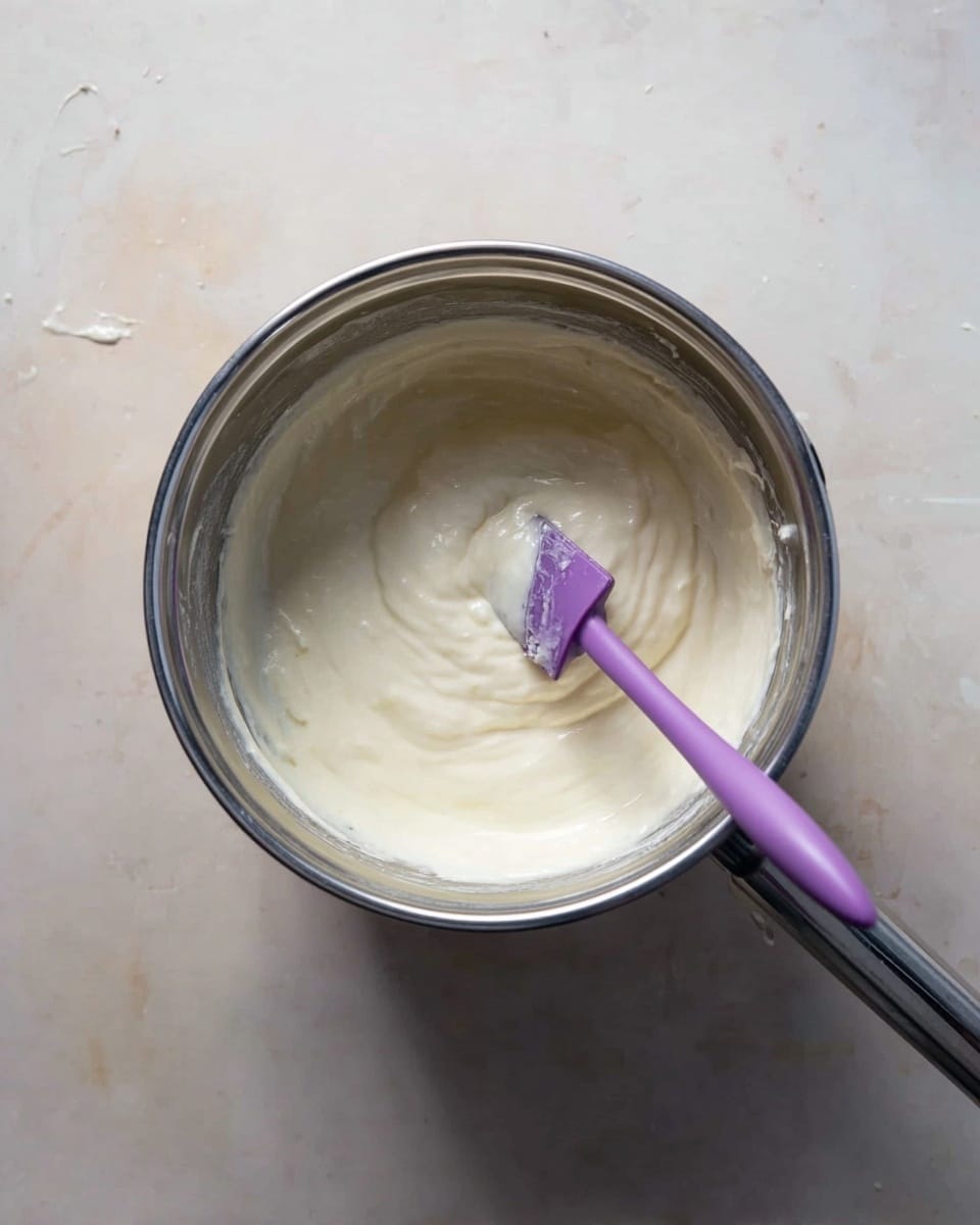 A silver mixing bowl with a shiny surface holds a smooth, thick white batter inside. A purple spatula rests in the batter, slightly covered in the creamy mixture. The bowl sits on a white marbled surface with a few light spots and marks around it. The handle of the bowl extends to the right side of the image. photo taken with an iphone --ar 4:5 --v 7