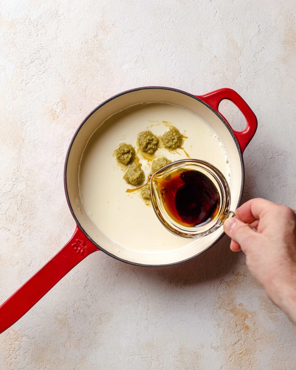 A top view of a red pan with white inside sitting on a white marbled surface. Inside the pan, there is a layer of creamy white liquid covering the bottom. On top of this liquid near the center, there are three dollops of greenish brown mustard and a small pool of dark brown sauce. A woman's hand is holding a small clear glass bowl, pouring the dark brown sauce into the pan. Photo taken with an iphone --ar 4:5 --v 7