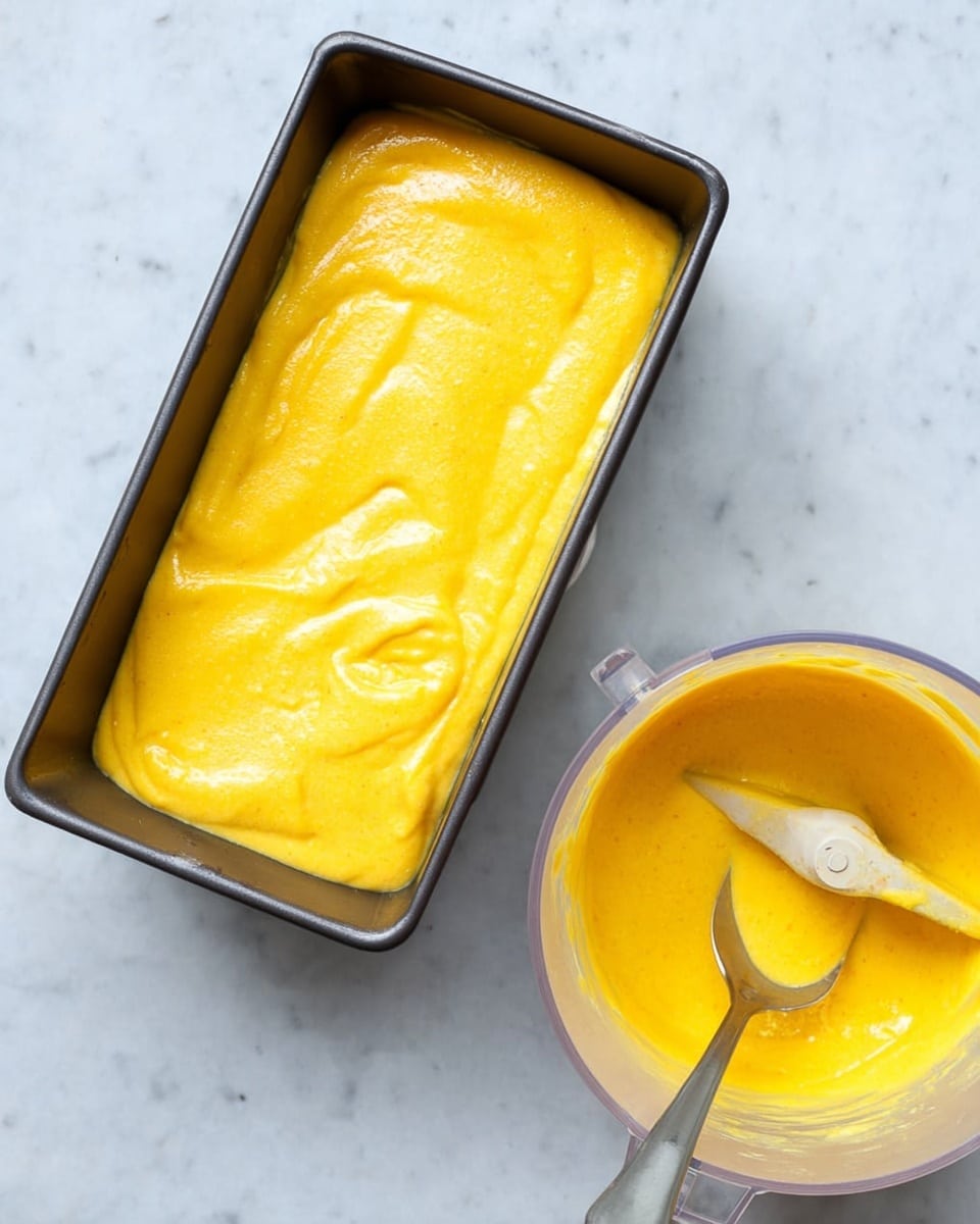 The image shows a dark rectangular baking pan filled with a smooth, bright yellow thick mixture spread evenly inside. Next to it on the right side, there is a clear food processor bowl with more of the same yellow mixture inside, with a metal spoon resting against the inner side. Both are placed on a white marbled surface. The yellow mixture has a creamy, rich texture with slight glossiness, resembling a thick batter or custard. Photo taken with an iphone --ar 4:5 --v 7