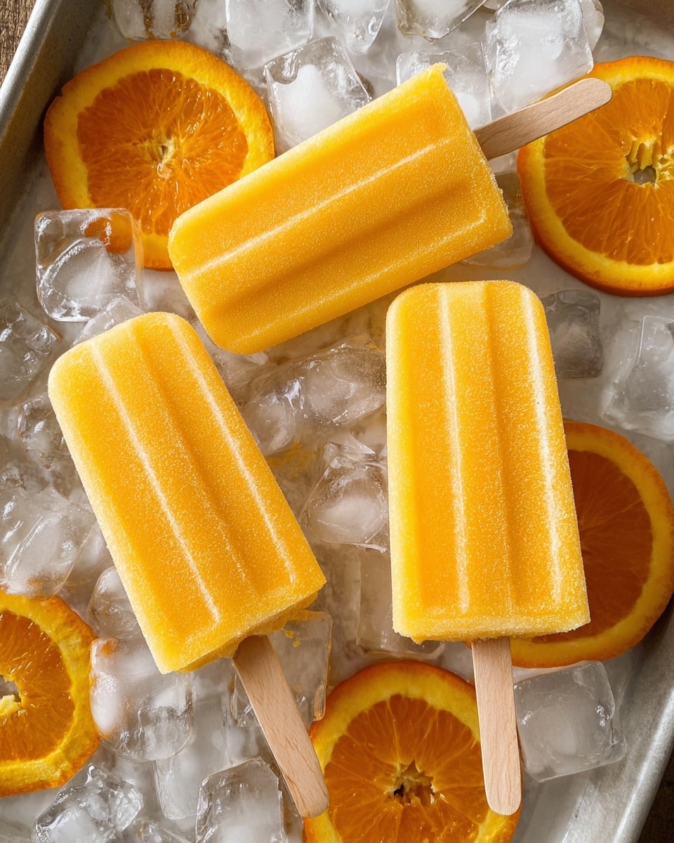 Two yellow-orange popsicles with a smooth frosty texture and wooden sticks lie on the right side of a rusty metal tray filled with clear ice cubes and round orange slices. The popsicles have three vertical ridges and show tiny ice crystals on their surface. The ice cubes are scattered around, some partially melted, with translucent and glossy appearance. The orange slices are thin, with bright orange peel and visible segments under a slight shine. The scene is set on a white marbled surface. photo taken with an iphone --ar 4:5 --v 7