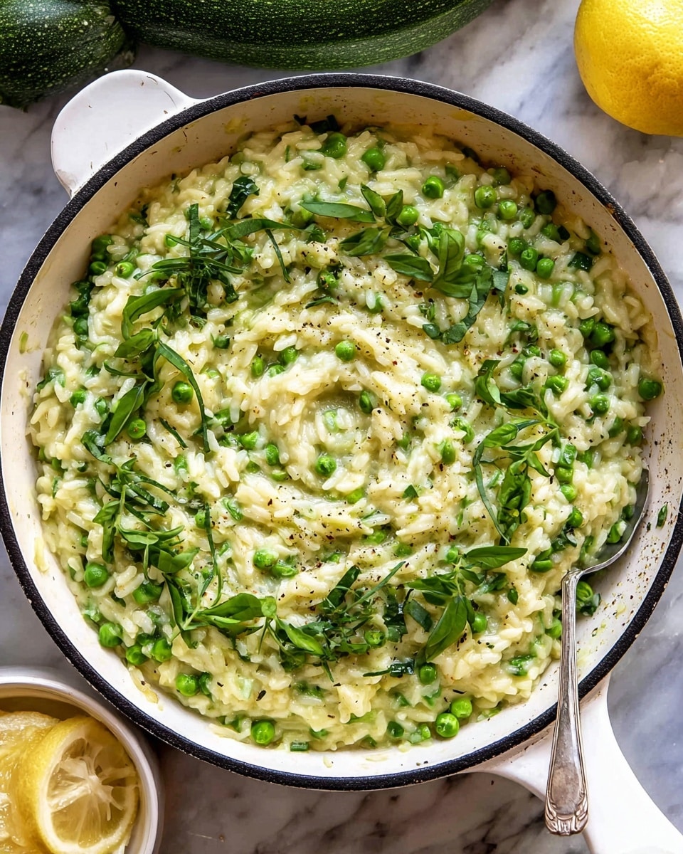 A close-up view of a creamy risotto in a white pan with a black inside, filled with creamy rice mixed with bright green peas and fresh green leaves. The risotto has a soft texture with a swirl pattern in the middle, topped with fresh green herb leaves and a light sprinkle of black pepper. The pan is placed on a white marbled surface with a green zucchini at the top and lemon wedges in a small white bowl at the bottom left. A silver spoon with a white handle rests on the right side of the pan. Photo taken with an iphone --ar 4:5 --v 7