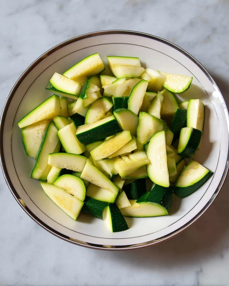 The image shows a white plate filled with chopped zucchini pieces. The zucchini pieces are light green inside with dark green skin around the edges, cut into half-moon shapes and small sticks. The plate sits on a white marbled surface. Photo taken with an iphone --ar 4:5 --v 7