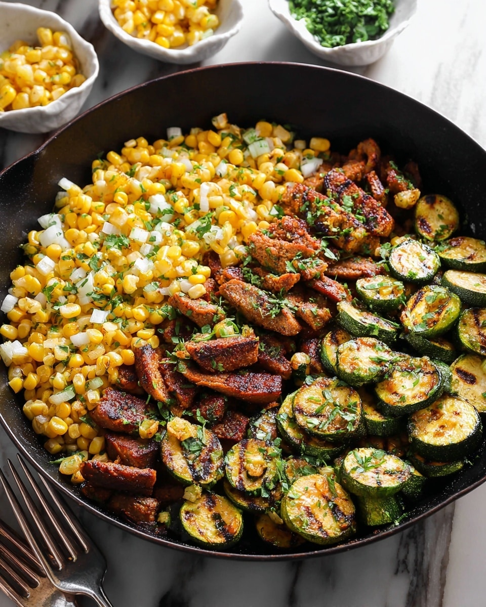 A black pan on a white marbled surface holds three groups of food inside. On the left side, there is a pile of bright yellow corn with some white corn kernels, mixed with green chopped herbs. The middle section has brownish-red cooked strips of meat sprinkled with some green herbs and yellow corn kernels. The right section contains sliced zucchini pieces that are green with brown grill marks and light green inside, also sprinkled with green herbs. In the background, there are small white dishes with corn and herbs and a silver fork at the bottom. Photo taken with an iphone --ar 4:5 --v 7