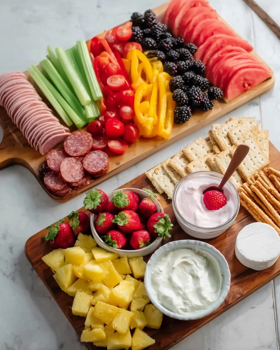 The image shows two wooden serving boards on a white marbled surface. The top board is filled with various foods arranged neatly in groups: stacked slices of pink deli meat on the left, long green celery sticks behind it, red and yellow bell pepper strips next, followed by yellow and white sliced cheese, dark blackberries and blueberries, a mix of small colorful tomatoes, round slices of salami, and paired with twisted breadsticks and square crisp crackers on the right. The bottom board features fresh yellow pineapple chunks on the left, next to a white bowl of pink cream dip with a spoon holding a red strawberry above it, several bright red strawberries behind the bowl, a cluster of red watermelon slices in the middle, a white bowl with white cream dip and a spoon beside it, and a round white cheese wheel sliced into wedges on the right. photo taken with an iphone --ar 4:5 --v 7