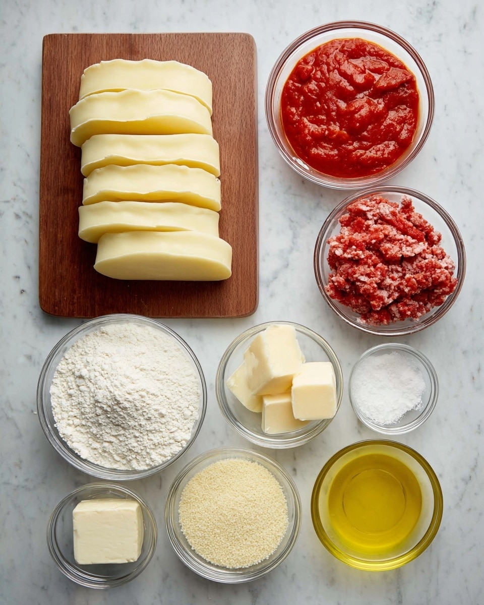 The image shows multiple clear glass bowls and a wooden board arranged on a white marbled surface. The wooden board on the left holds a neat stack of smooth, pale yellow cheese slices arranged vertically. Surrounding it, from top to bottom and left to right, are clear bowls with deep red peeled tomatoes in thick sauce, white flour, grated white cheese, and minced red meat. Smaller bowls contain a pale yellow square of butter, white salt, white powder (likely flour or cornstarch), light tan fine granules (likely yeast), and a larger bowl of yellow cooking oil. The colors vary from white and pale yellow to red and transparent, with textures that range from smooth and liquid to powdery and crumbly, all neatly placed for prep photography. photo taken with an iphone --ar 4:5 --v 7