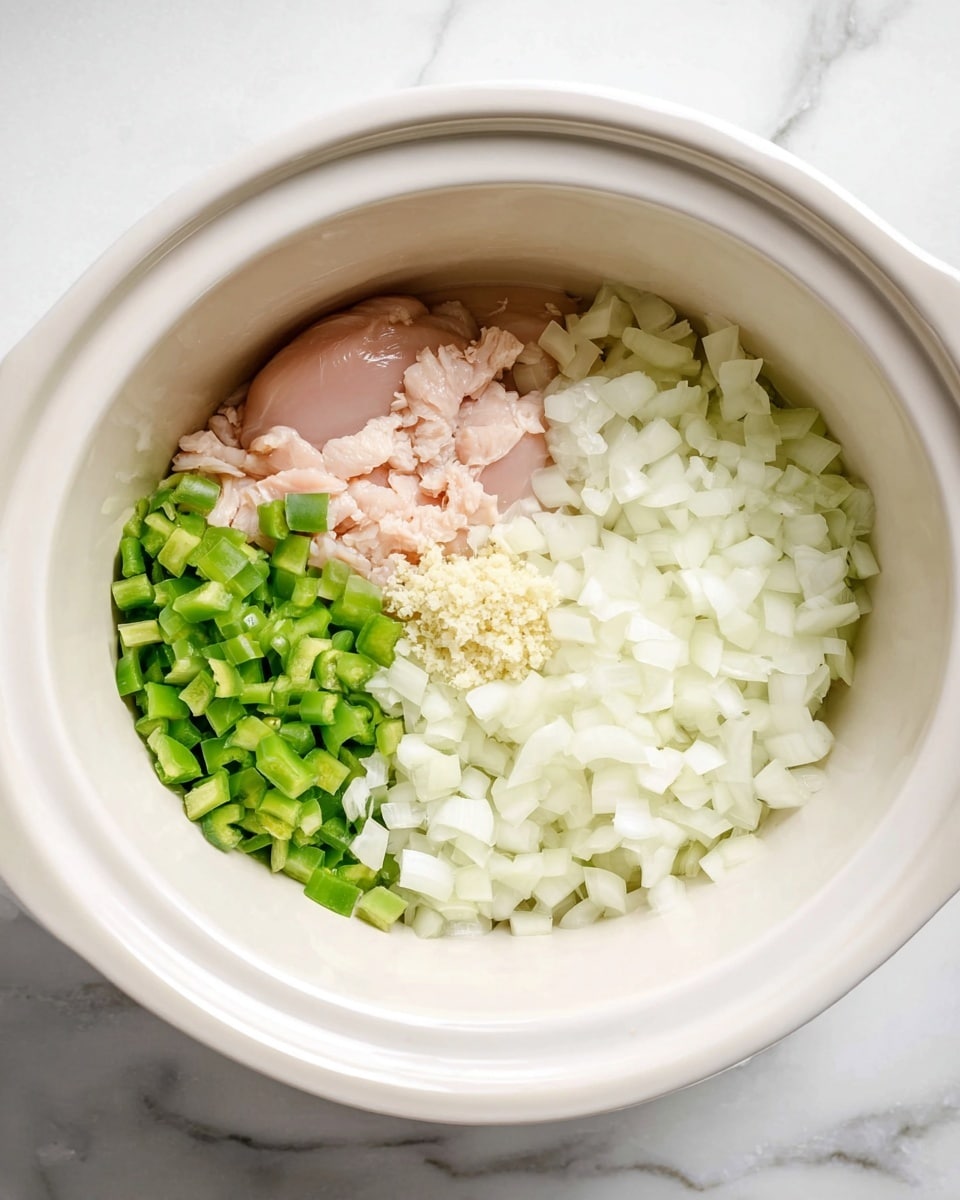A white crockpot bowl sits on a white marbled surface, filled with four distinct layers. The largest layer covers the right half of the bowl with finely chopped white onions showing a soft, slightly translucent texture. Below the onions, near the bottom center, is a layer of small, diced green bell peppers. To the left of the green peppers is a tiny mound of finely minced garlic with a pale cream color. Covering part of the onions and peppers towards the top center is a raw chicken piece, pale pink and smooth. Photo taken with an iphone --ar 4:5 --v 7