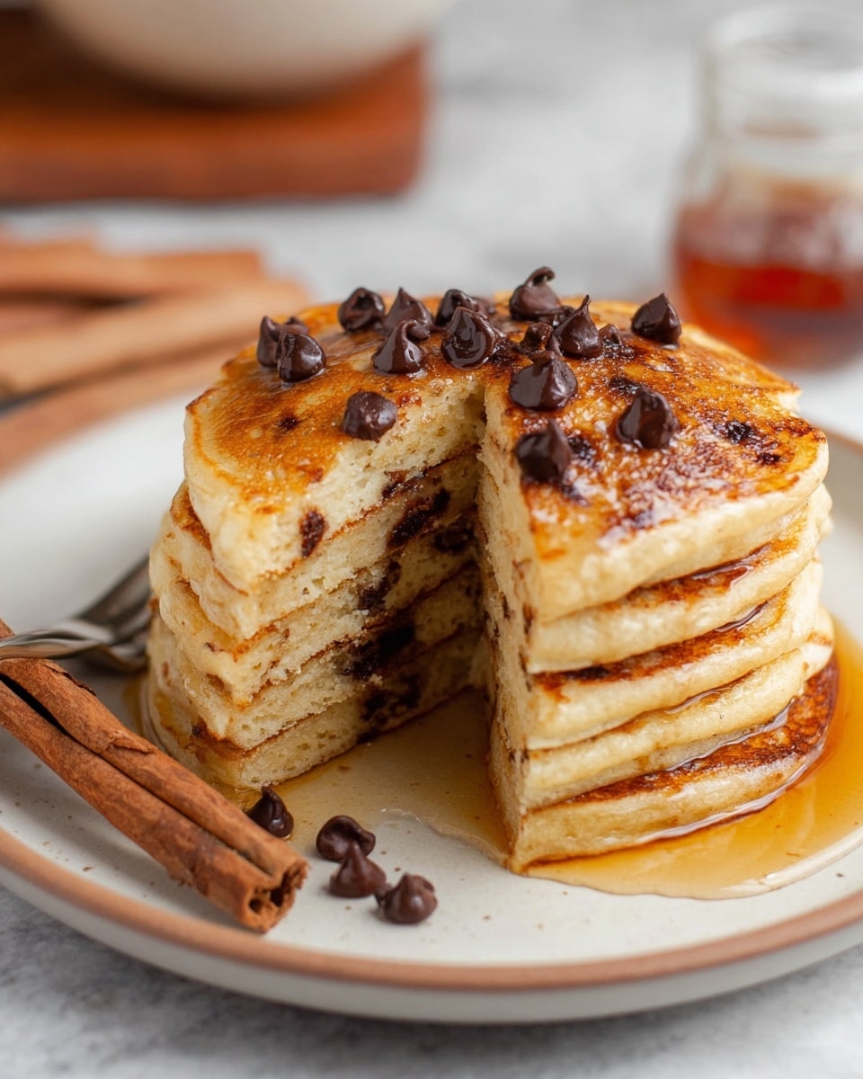 A stack of six thick, fluffy golden-brown pancakes sits on a white plate with a white marbled surface in the background. The top pancake is decorated with several dark chocolate chips scattered on its shiny syrup-covered surface. A slice is cut out and leaned against the stack, showing the soft and airy texture inside with a melted chocolate layer visible between two pancakes. Near the plate’s edge lie two cinnamon sticks and a chocolate chip. In the blurry background, a small jar filled with amber syrup can be seen. photo taken with an iphone --ar 4:5 --v 7