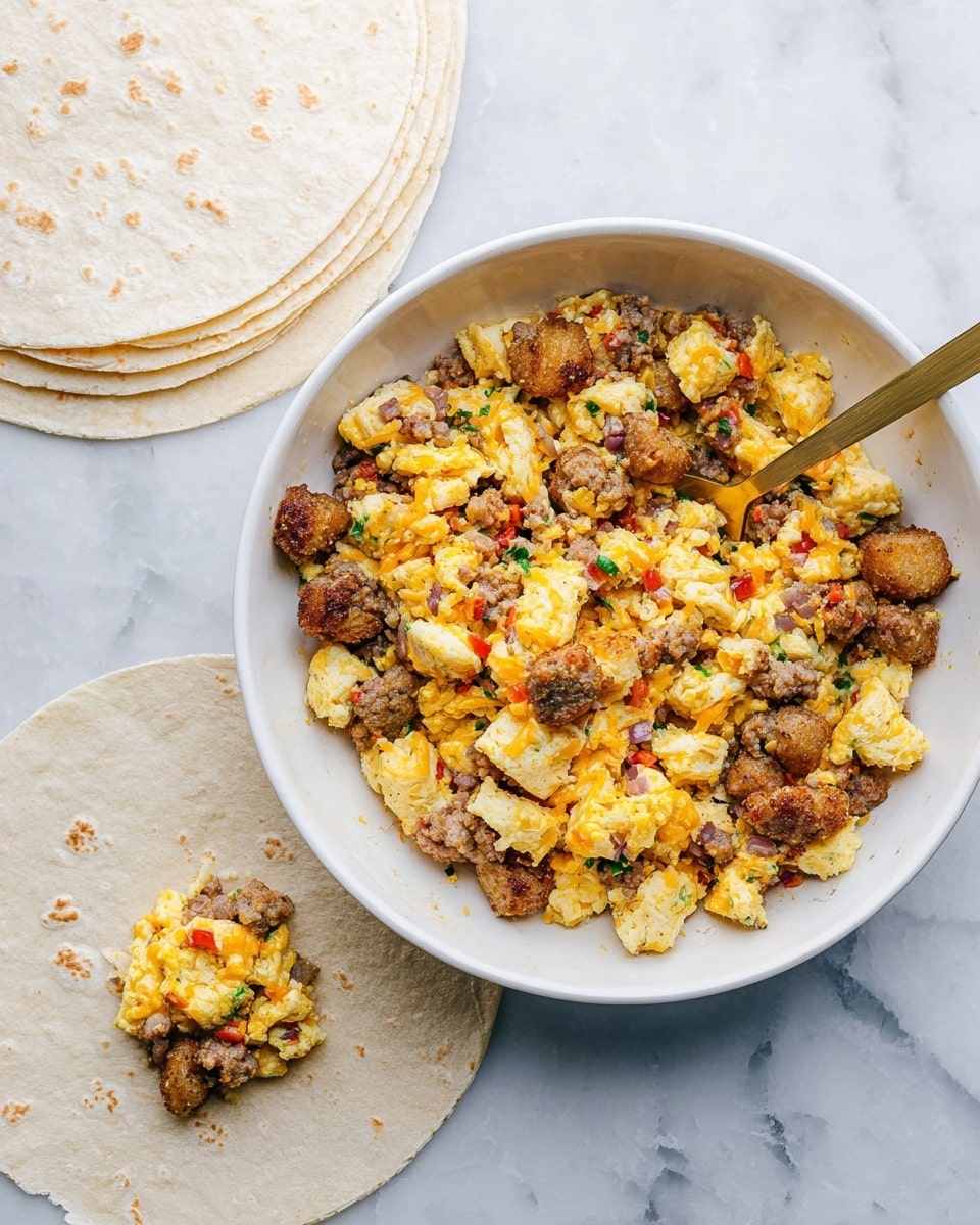 A large white bowl filled with a mixture of scrambled eggs, light brown sausage pieces, golden brown tater tots, small bits of red and green vegetables, and melted cheese in yellow and orange shades, all stirred together with a gold spoon resting inside. Surrounding the bowl, there is a white tortilla flat on a white marbled surface, topped with a scoop of the same egg and sausage mixture in the center. Next to it, a stack of plain white tortillas lies on the white marbled surface, and on the left side, two rolled tortillas are visible. Photo taken with an iphone --ar 4:5 --v 7