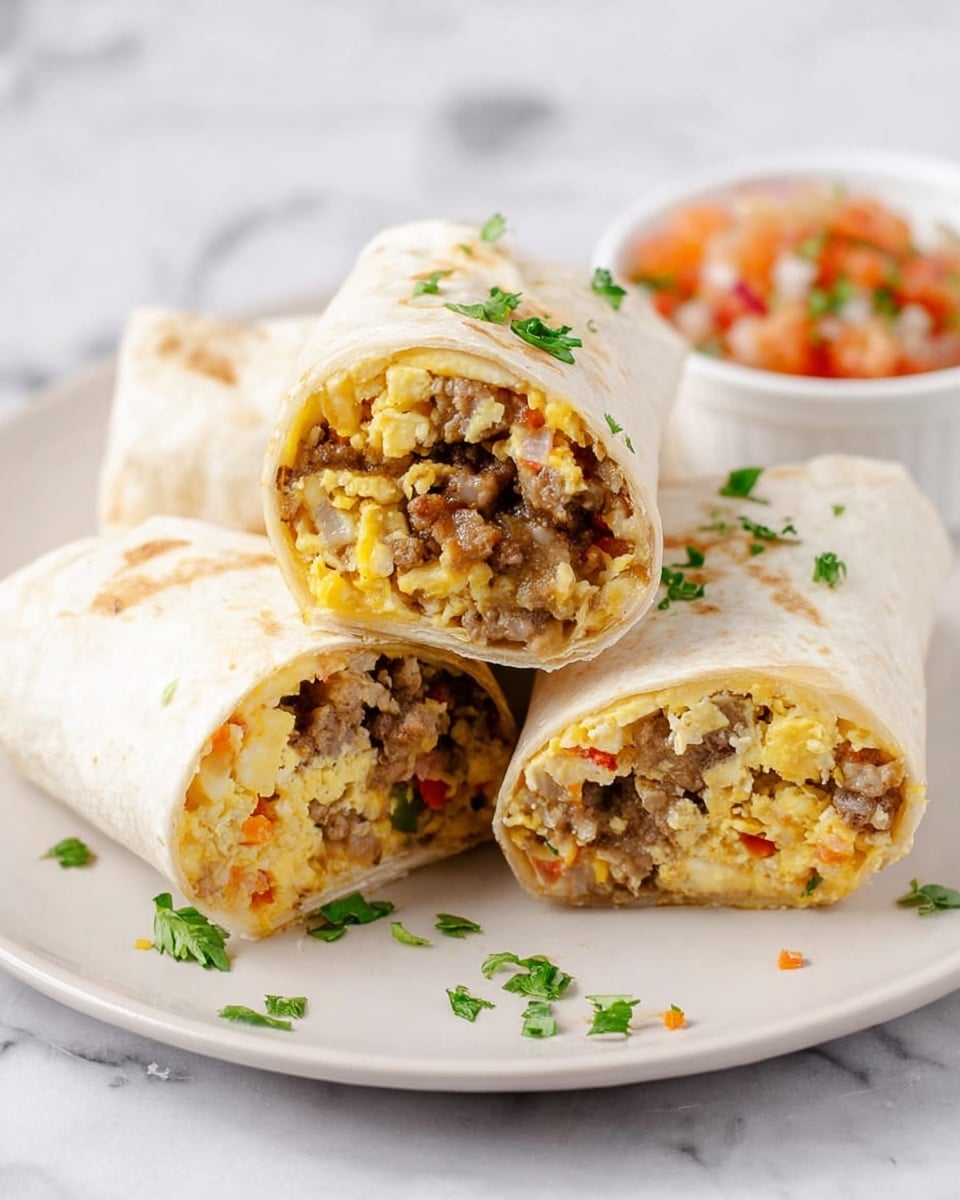 The image shows three small wraps stacked on a white plate with a white marbled background. Each wrap is cut in half, revealing a filling made of roughly three layers: a light-colored soft tortilla shell on the outside, a chunky layer of cooked eggs mixed with bits of brown meat and small pieces of green herbs inside, and small hints of orange and red ingredients mixed throughout the filling. The top wrap is resting on the two halves below, with the filling clearly visible. There are small chopped green herbs sprinkled around the plate and on top of the wraps. In the background, a small white bowl holds a chunky orange salsa with visible pieces of tomato and green herbs. photo taken with an iphone --ar 4:5 --v 7