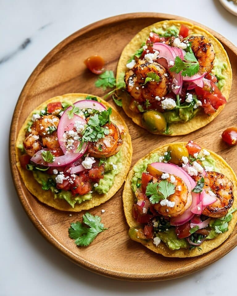 Guacamole, Salsa, and Prawns on Crispy Tostadas Recipe