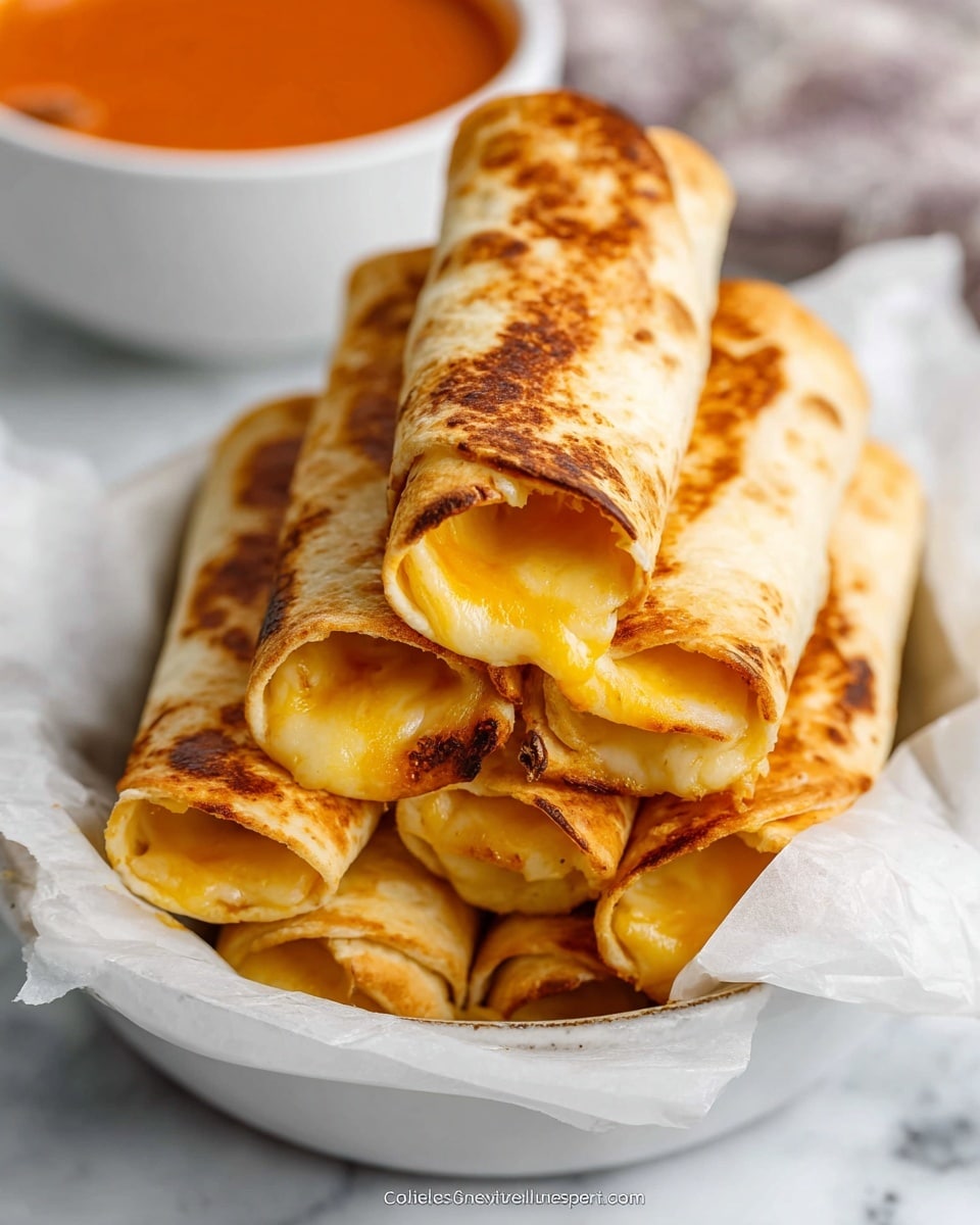 A stack of six golden brown rolled tortillas filled with melted bright yellow cheese are placed on white wax paper inside a white dish. The tortillas show a slightly crisp, toasted texture with some darker brown spots and the cheese slowly oozes out from the open ends, giving a soft, creamy look. In the background, a blurred white bowl filled with red-orange soup sits on a white marbled surface. The photo has a close-up focus on the cheesy tortillas. photo taken with an iphone --ar 4:5 --v 7