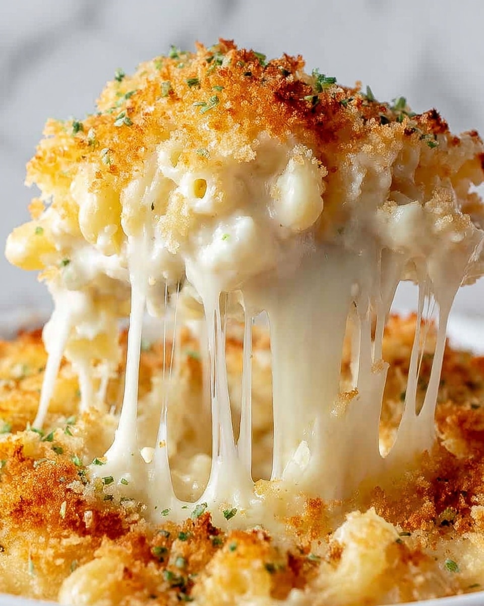 A close-up of a creamy macaroni and cheese dish lifted to reveal stretchy melted cheese strings hanging down. The top layer is a golden brown crispy breadcrumb crust with small green herb flakes sprinkled on it. Below that is a thick layer of smooth white cheese sauce enveloping tender macaroni pasta. The background shows a clean white marbled texture. Photo taken with an iphone --ar 4:5 --v 7