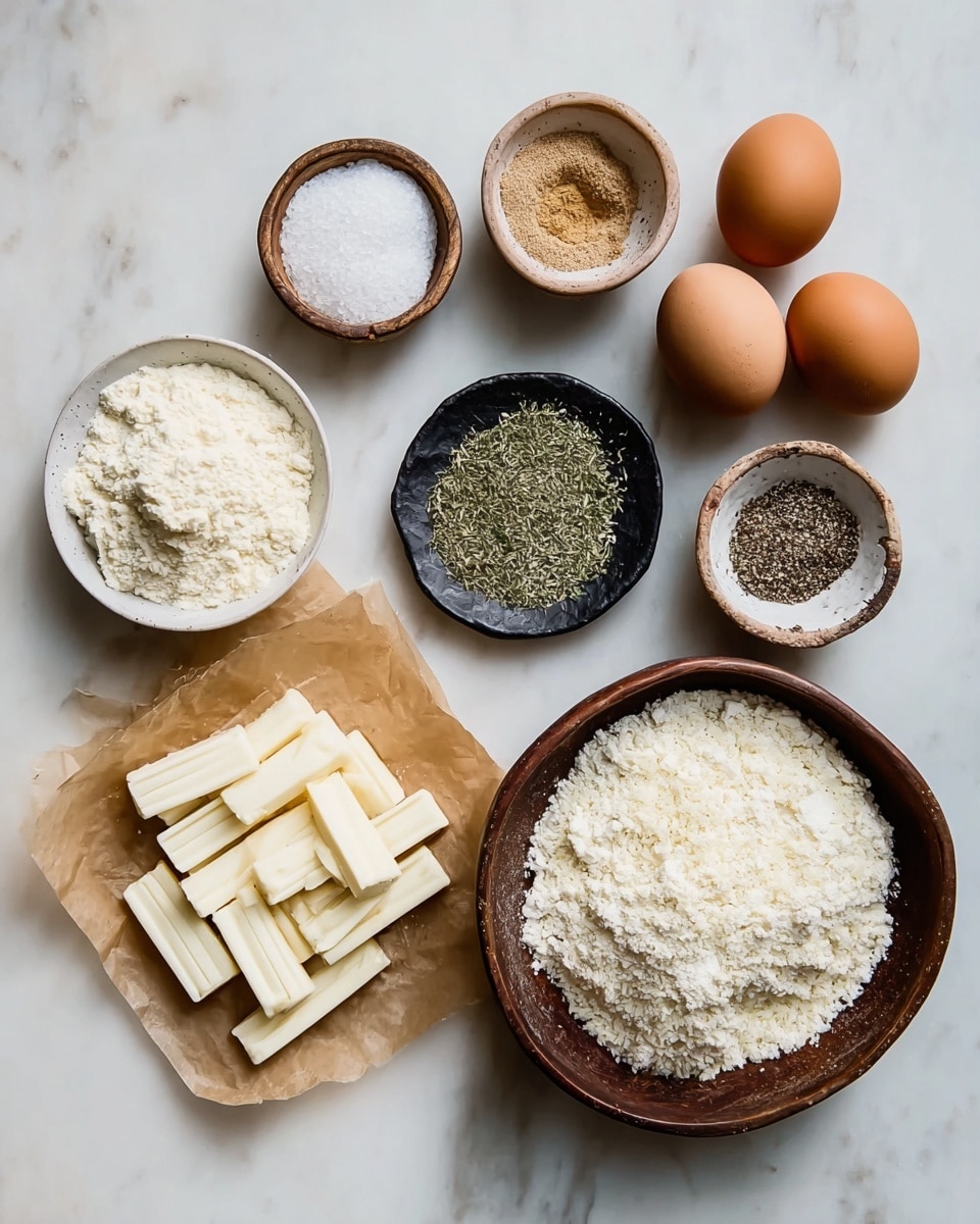 The image shows ingredients for cooking arranged neatly on a white marbled surface. On the bottom left, there are many pieces of white stick-shaped cheese on brown parchment paper. Above them, there are four small round bowls with different spices: one with light brown powder on a white plate, another with coarse white salt on a black plate, a third with green dried herbs in a wooden bowl, and the last with black pepper on a white plate. On the right side of the image, there is a round dark wooden bowl filled with white panko crumbs, two brown eggs next to it, and a larger white bowl full of white flour. The photo taken with an iphone --ar 4:5 --v 7