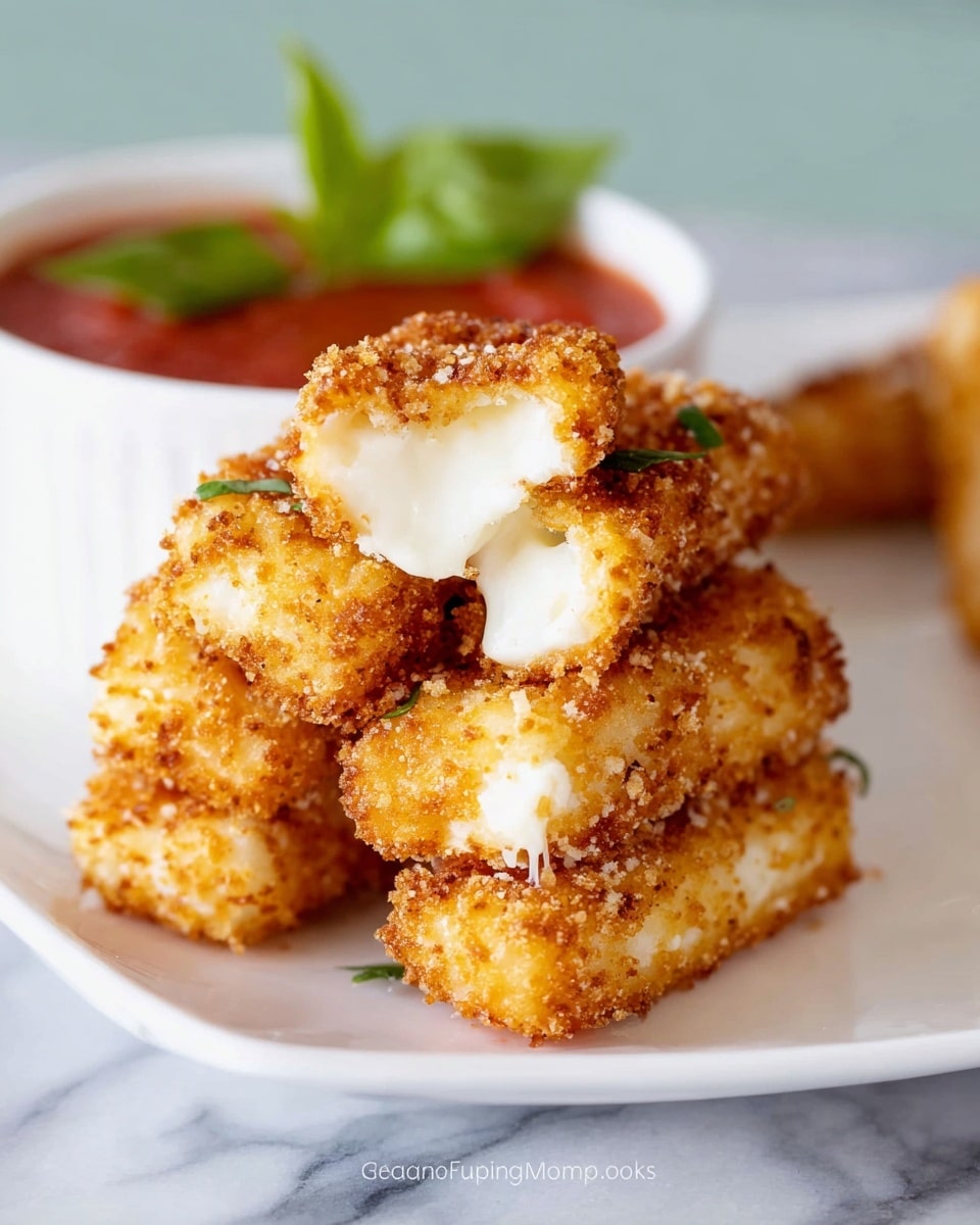 A stack of golden brown fried cheese sticks with a crispy, textured coating sits on a white plate. The cheese inside is melting and slightly oozing out in soft white strands from the ends and cracks in the crust. Behind the stack is a small white bowl filled with red marinara sauce, topped with a green basil leaf for decoration. The whole scene is set on a white marbled surface, giving a clean and bright look. photo taken with an iphone --ar 4:5 --v 7
