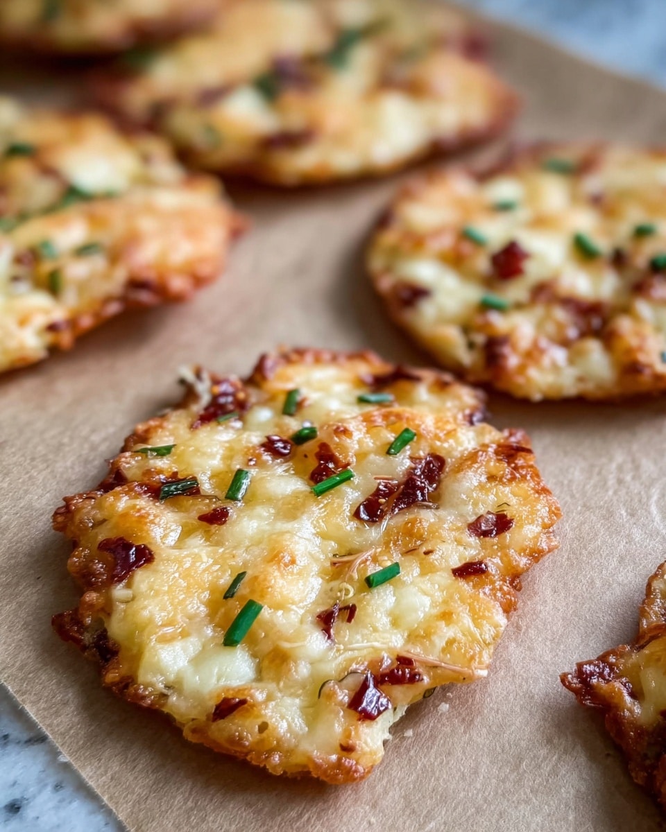 Small round crispy cheese snacks are on a light brown paper that covers a white marbled surface. Each snack has a base layer of melted, golden-brown cheese with a bubbly texture, topped with bits of melted cheese that are browned and slightly shiny. There are tiny green chive pieces and small red chili flakes scattered on the cheese surface, adding color contrast. The edges are uneven and crisp, with some cheese drips slightly spread out on the paper. The image is close-up, focusing mainly on one snack in the front, with others blurred in the background. photo taken with an iphone --ar 4:5 --v 7