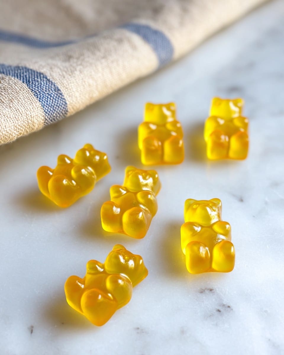The image shows several small, shiny yellow gummy bears arranged on a white marbled surface. Each gummy bear is translucent and has smooth, rounded edges with details that outline the face, arms, and legs. The gummy bears are spread out in a loose, casual pattern, with their glossy texture catching the light and creating small highlights on their bodies. In the background, part of a beige cloth with blue stripes is visible, softly blurred to keep the focus on the gummy bears. photo taken with an iphone --ar 4:5 --v 7